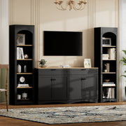 ON-TREND 3-Piece Farmhouse Entertainment Center With Storage Cabinet For TVs Up To 70, Mid-Century TV Stand With Bookshelf, Rustic Versatile Sideboard With Adjustable Shelves For Living Room, Black