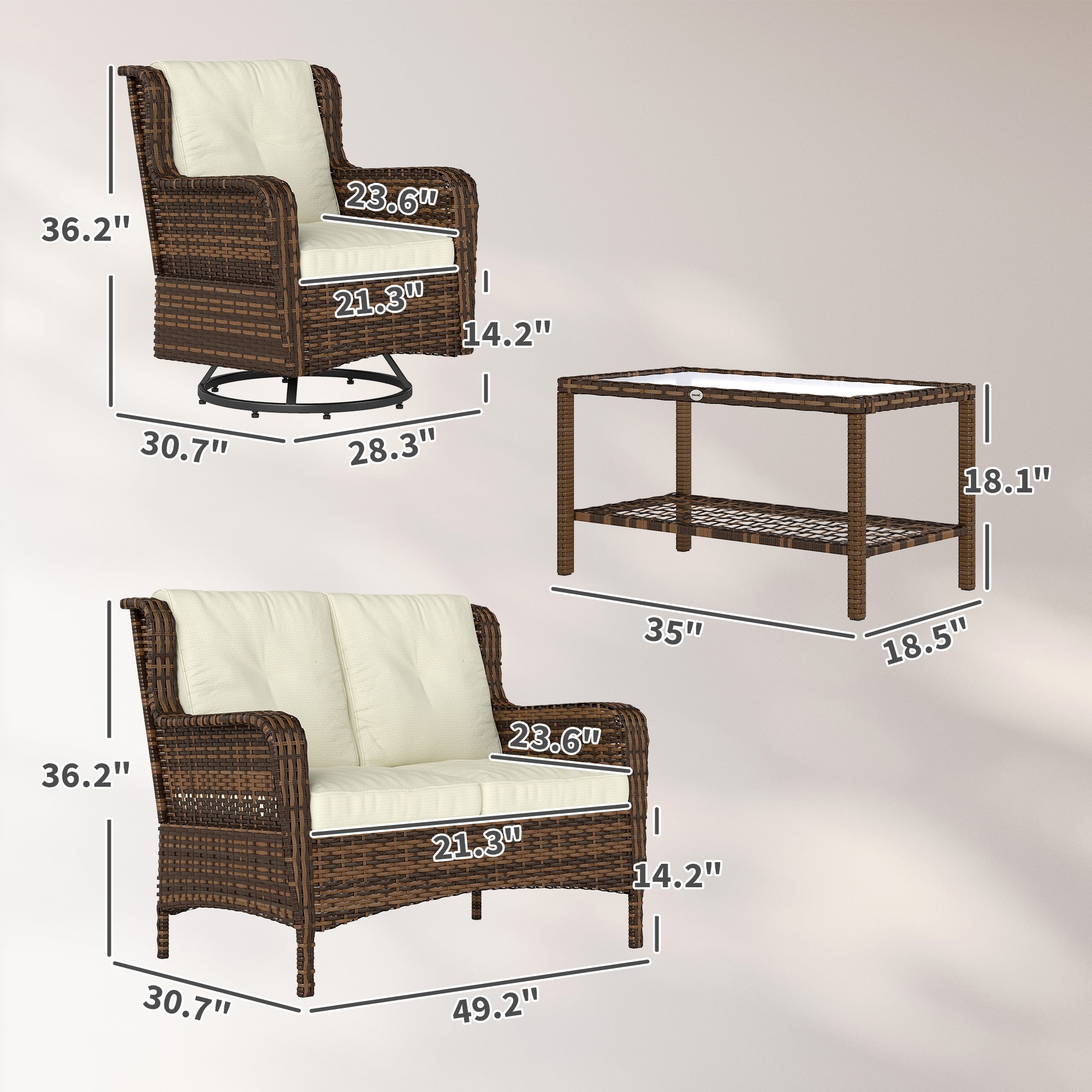 4 Piece Rattan Patio Furniture Set, Conversation Set with Swivel Glider Chairs Table Loveseat for Garden, Patio, Cream