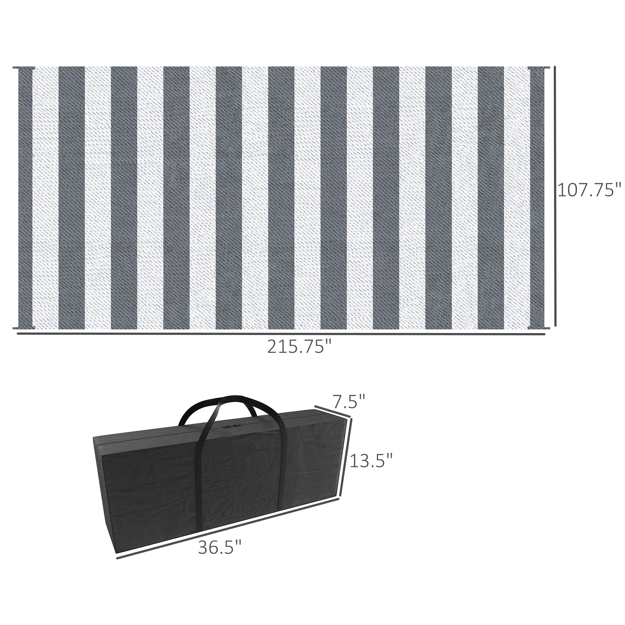 Reversible Outdoor Rug, 9' x 18' Waterproof Plastic Straw Floor Mat, Portable RV Camping Carpet, Large Floor Mat for Backyard, Deck, Picnic, Beach, Gray & White Striped