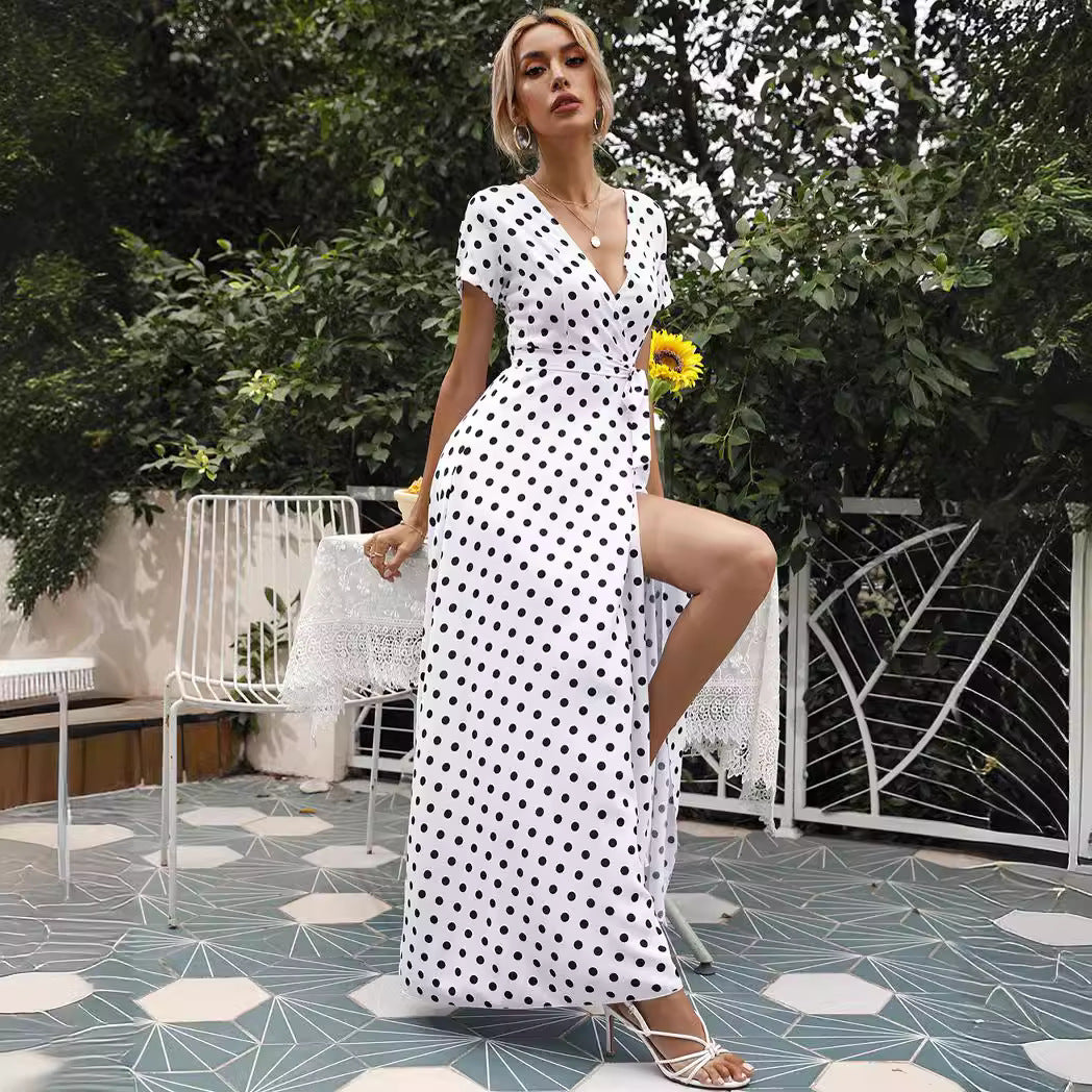 Summer Waist Trimming Short-sleeved Polka Dot Split Dress Women