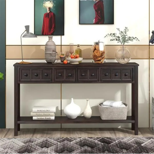 Rustic Entryway Console Table, 60 Long Sofa Table With Two Different Size Drawers And Bottom Shelf For Storage