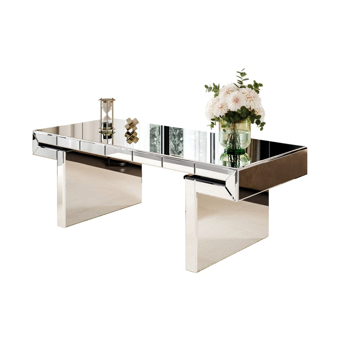 47 Inches Luxury Rectangular Mirror Coffee Table With Fluted Tempered Glass, Modern Sofa Side Table, Easy 2-Step Assembly, Light Luxury Style, Reinforced Packaging