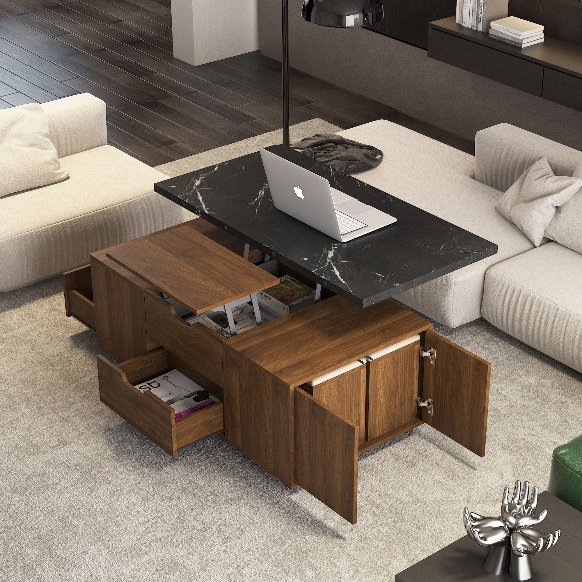 Modern Lift-Up Coffee Table With 2 Stools Set For Living Room Expandable Hidden Storage Drawers Space Saving Folding Dining Table