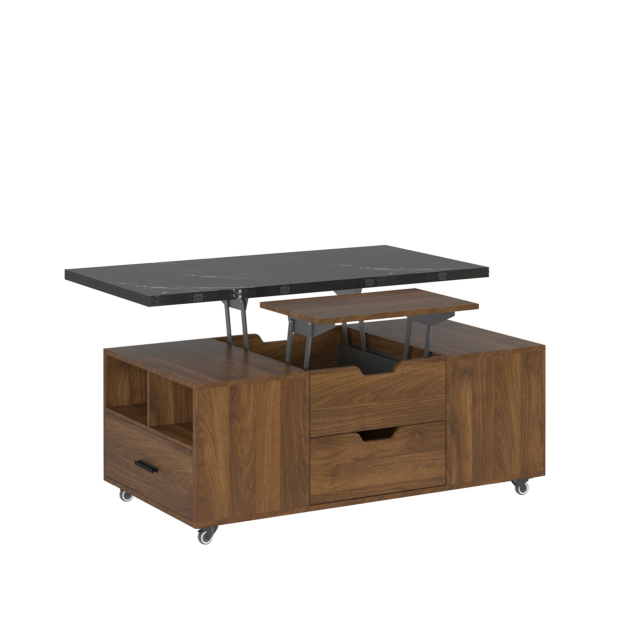 Modern Lift-Up Coffee Table With 2 Stools Set For Living Room Expandable Hidden Storage Drawers Space Saving Folding Dining Table