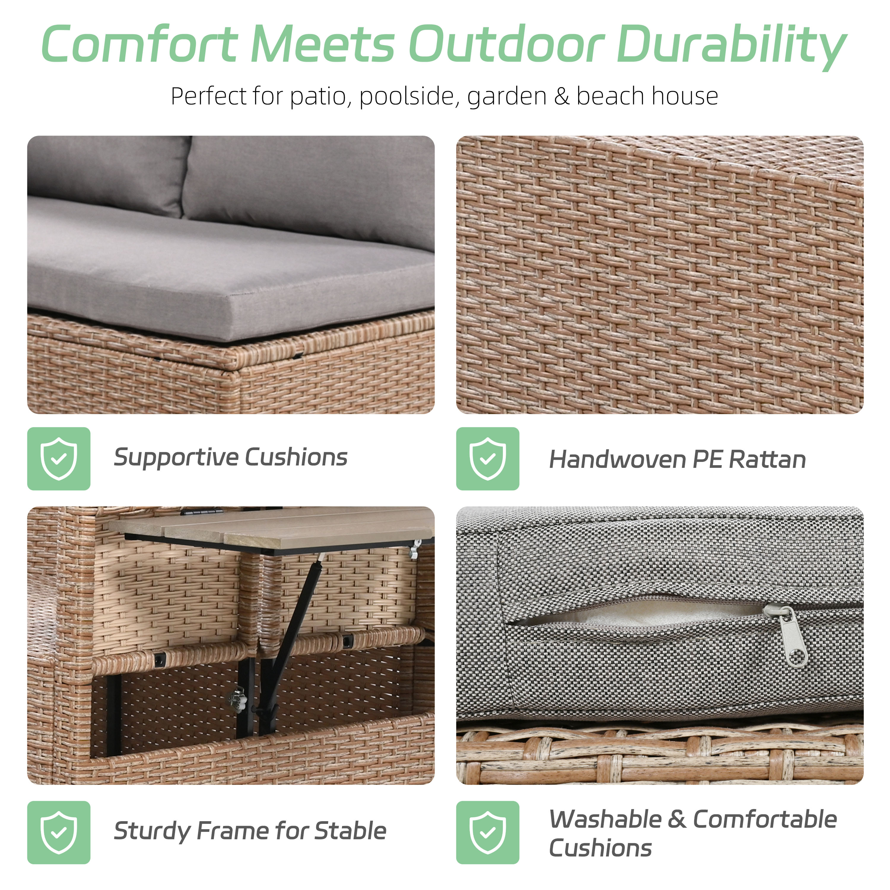 TOMAx 5- Piece Outdoor Patio Rattan Sofa Set  Sectional PE Wicker L- Shaped Garden Furniture Set With 2 Extendable Side Tables  Dining Table And Washable Covers For Backyard  Poolside  Indoor  Brown