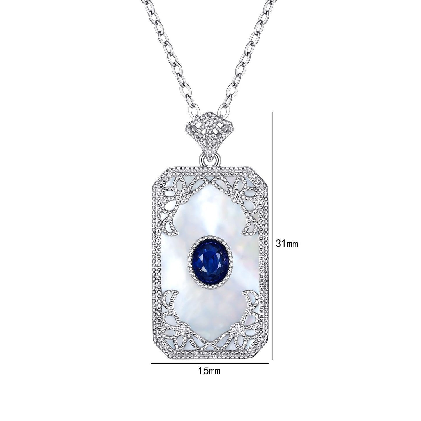 Natural Mother Shell Pendant 925 Silver Inlaid Sapphire Necklace