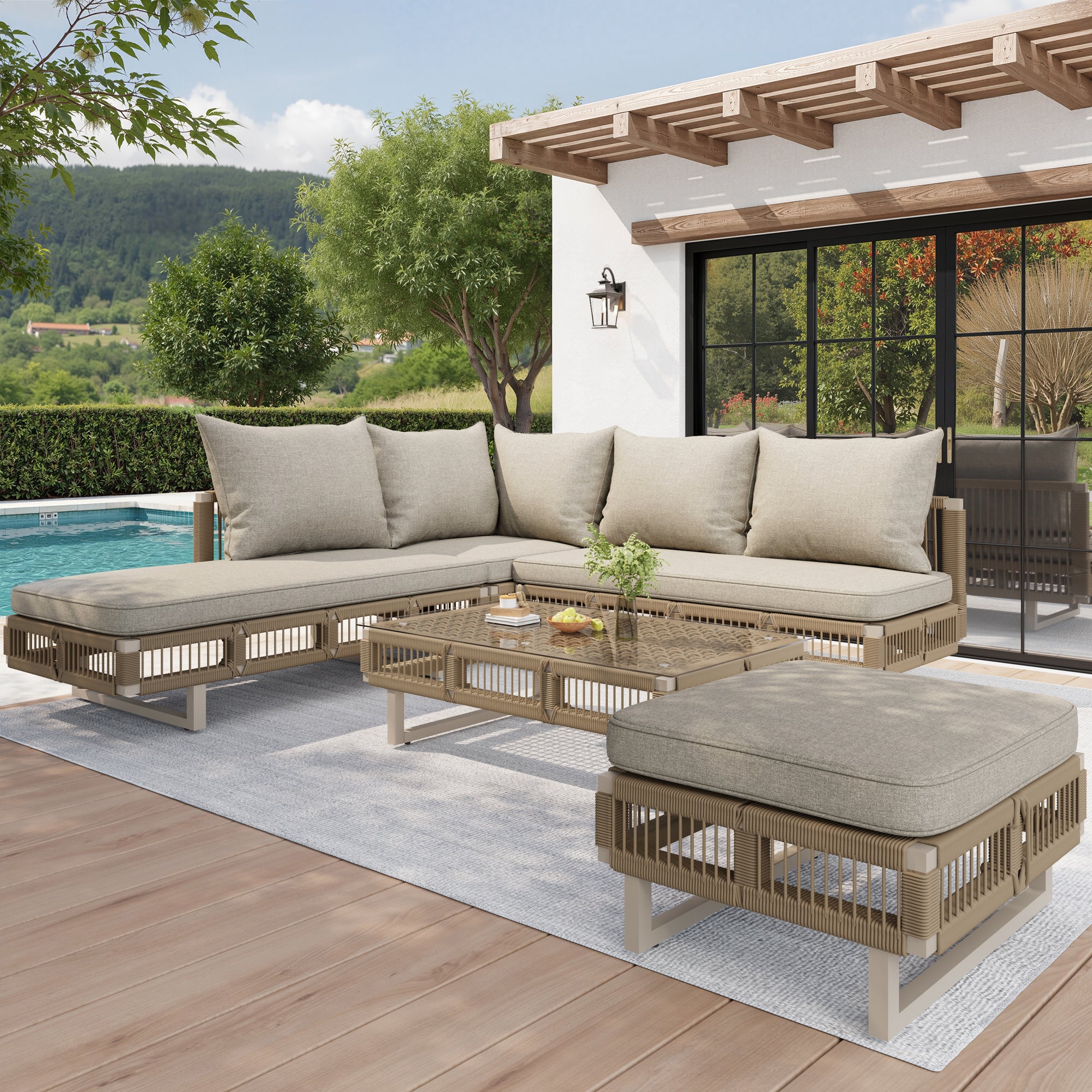 Modular Rope-Woven Outdoor Sofa Set With Tempered Glass Coffee Table, 10cm Thick Cushions, For Patio & Poolside