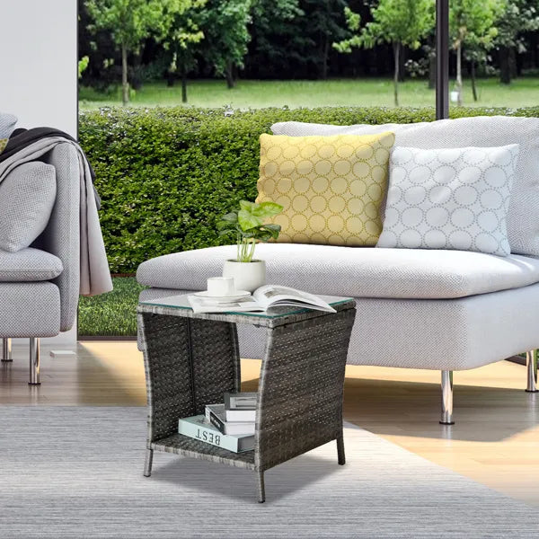 Outdoor Patio Wicker Side Table, Square End Table Bistro Coffee Table With Glass Top Storage Shelf For Porch Garden Backyard Grey(SAME AS 19215985)