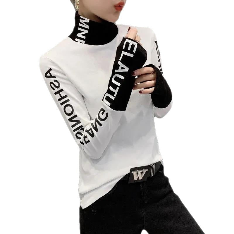 Women's Fashion Black And White Printed Long-sleeved Top Turtleneck Bottoming Shirt