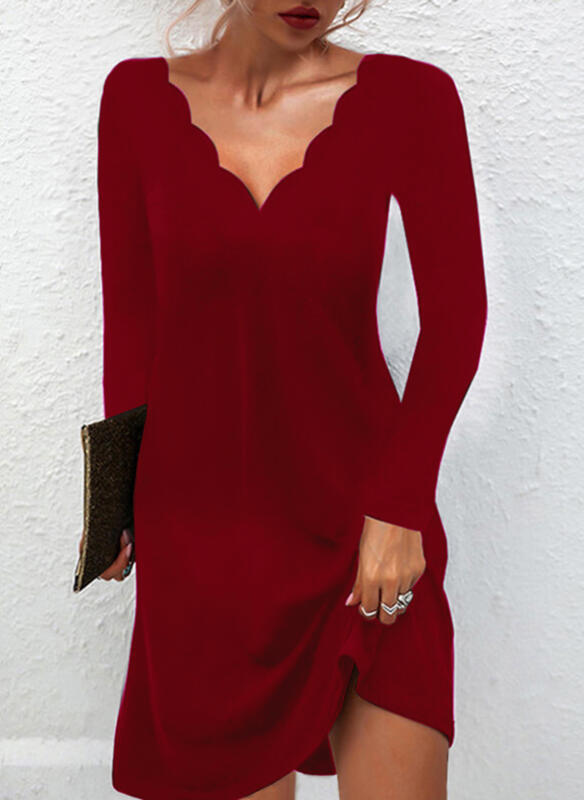 Solid Color Casual Deep V Pullover Dress