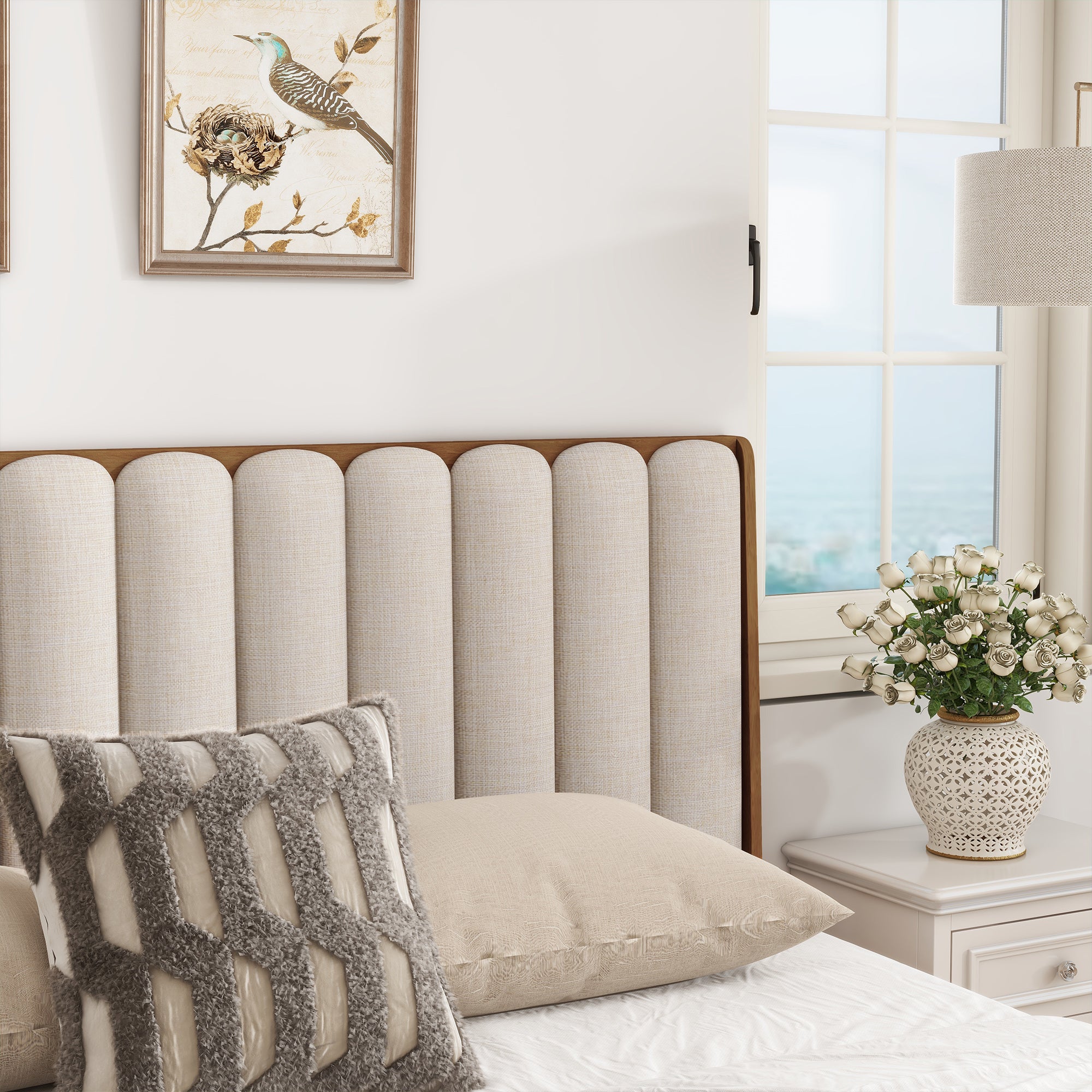 King Size Wood Bed With Piano Key Style Upholstered Headboard , Wood Bed With Strengthened Bed Frame ,Wheat