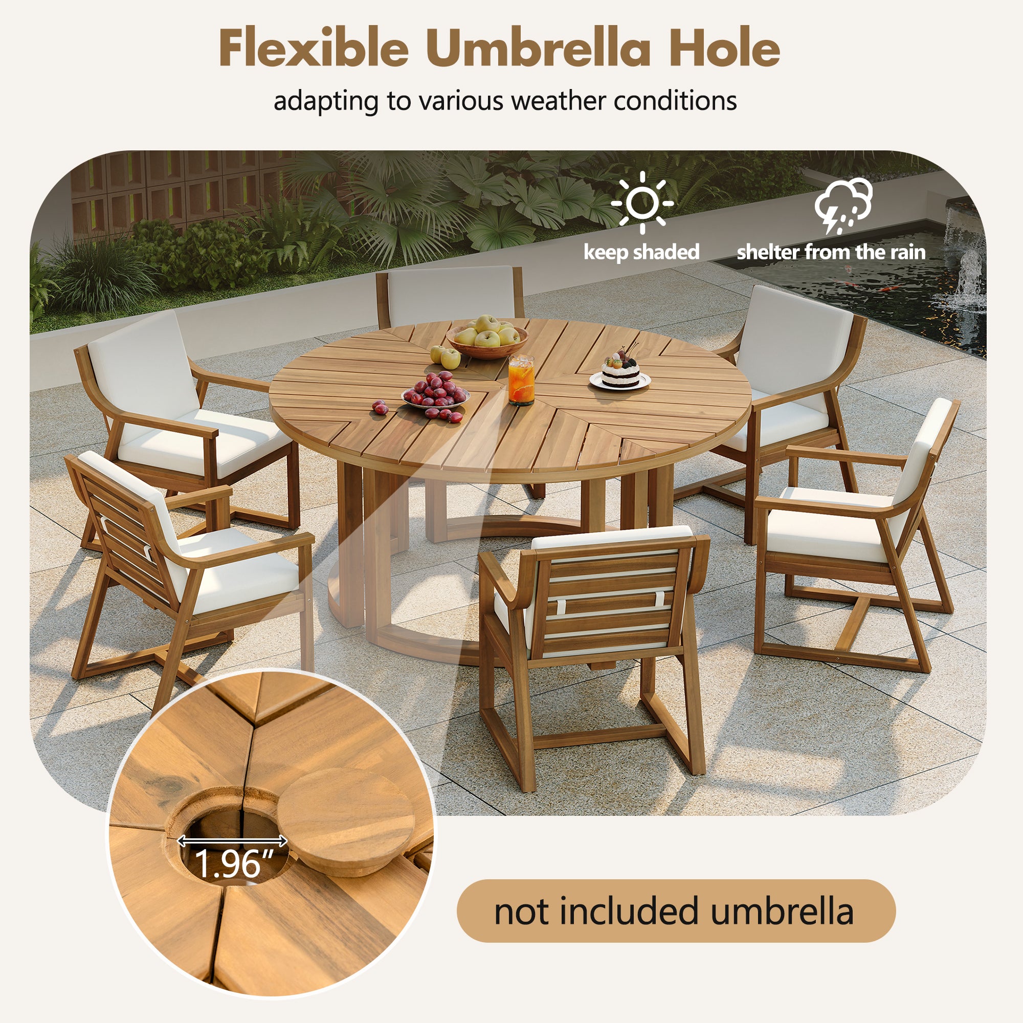 TREXM Patio Dining Table Set For 6  Round Dining Table With 1.96 Umbrella Hole  Outdoor Wooden Patio Furniture Set With Removable Cushions For Garden  Backyard And Pools  Light Teak Beige Cushion