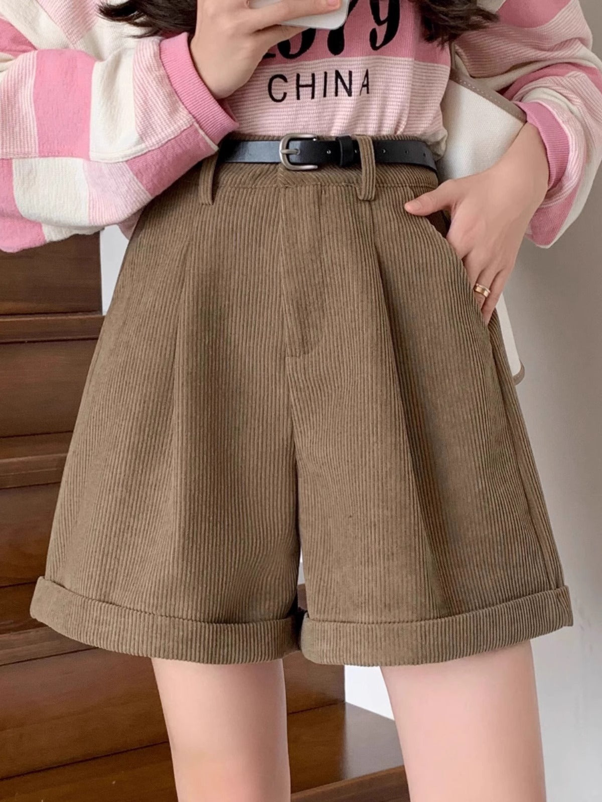 Fashion Brown Corduroy Shorts For Women