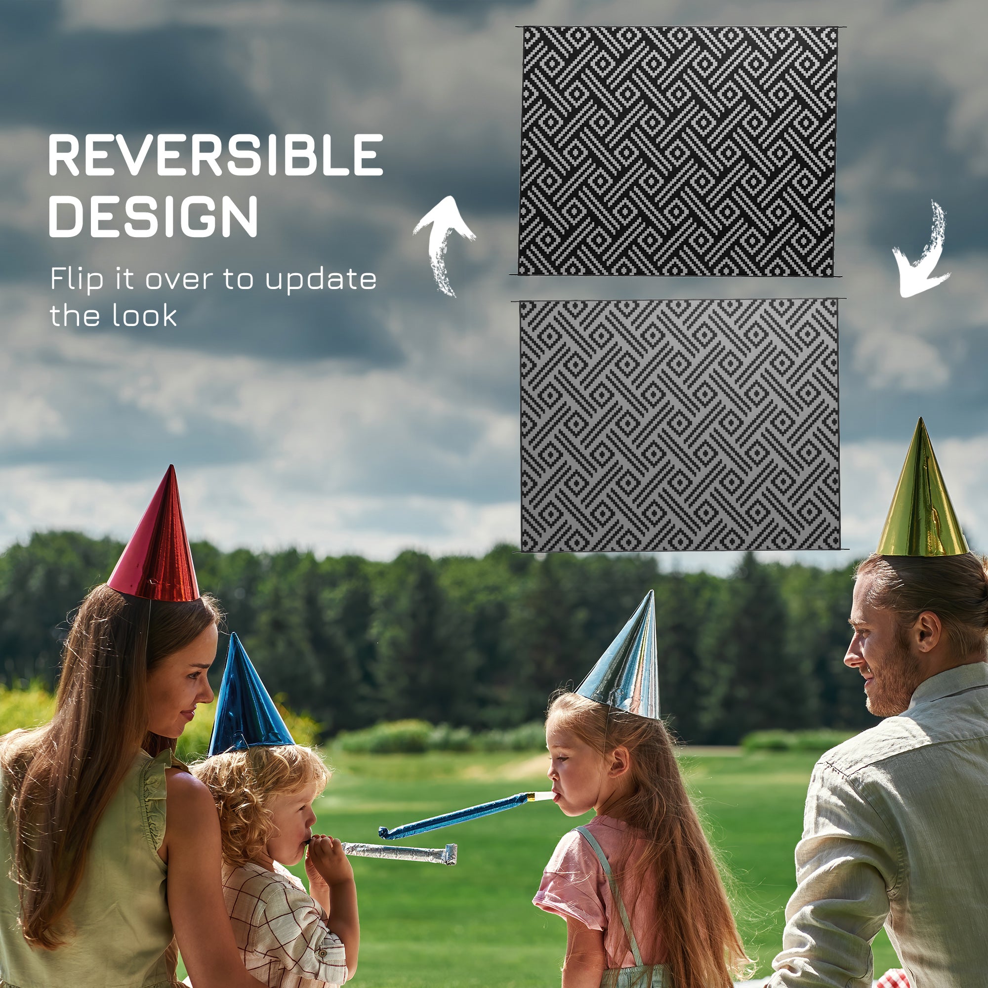 Reversible Outdoor Rug Carpet RV Camping Rugs with Carry Bag, 9' x 12', Black & Gray Geometric