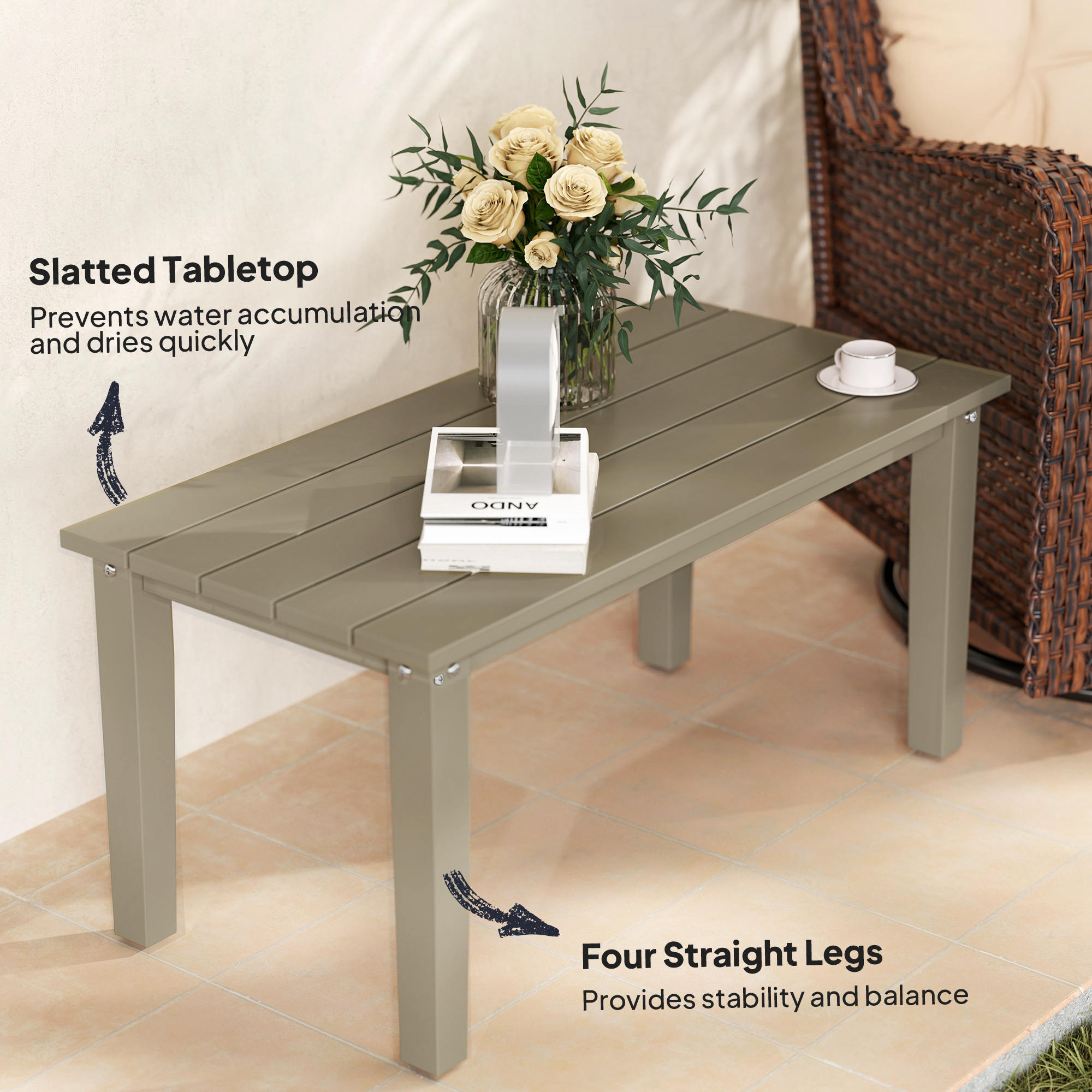 Rectangle Outdoor Coffee Table, HDPE All-Weather Outdoor Patio Table with Slatted Tabletop for Yard, Balcony, Brown