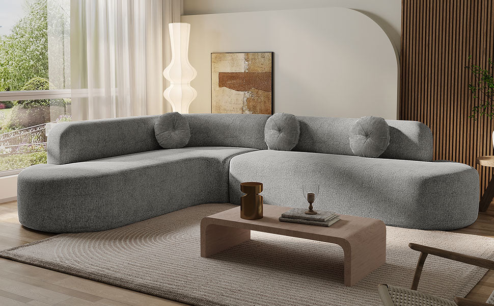 Mirod 122'' Extra Large Sectional Sofa Soft Fabric Upholstery, Elegant Curved Design With Three Round Cushions , High-Resilience Foam For Ultimate Comfort
