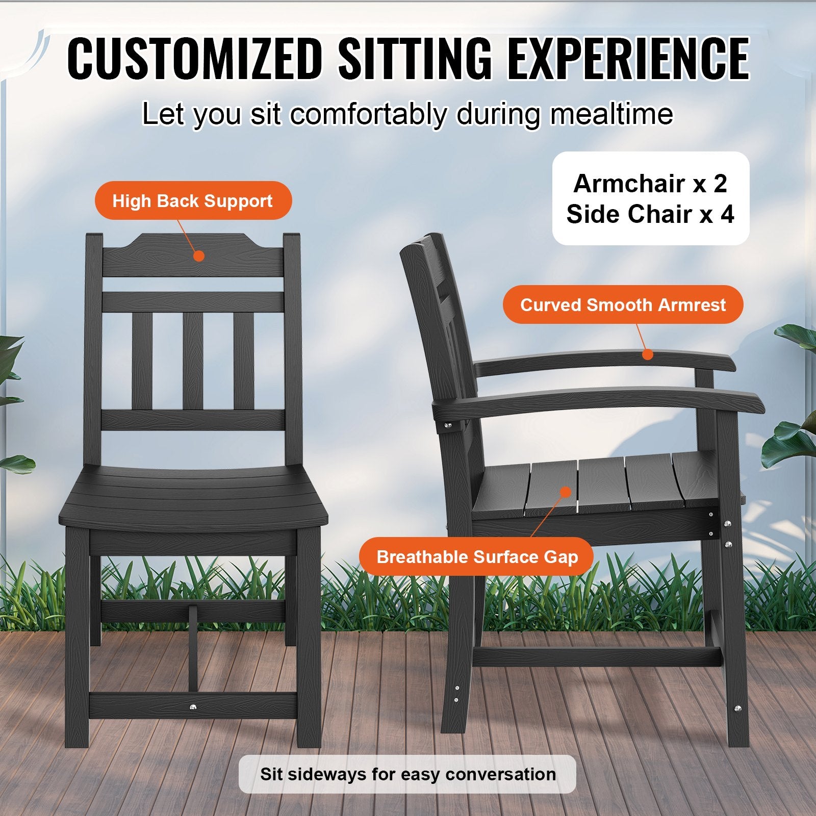 7 Pieces Patio Dining Set, Outdoor Rectangle Furniture Table And Chairs Set, All Weather Garden Furniture Table Sets, HIPS Patio Conversation Set, For Lawn, Deck, Backyard, Poolside, Black