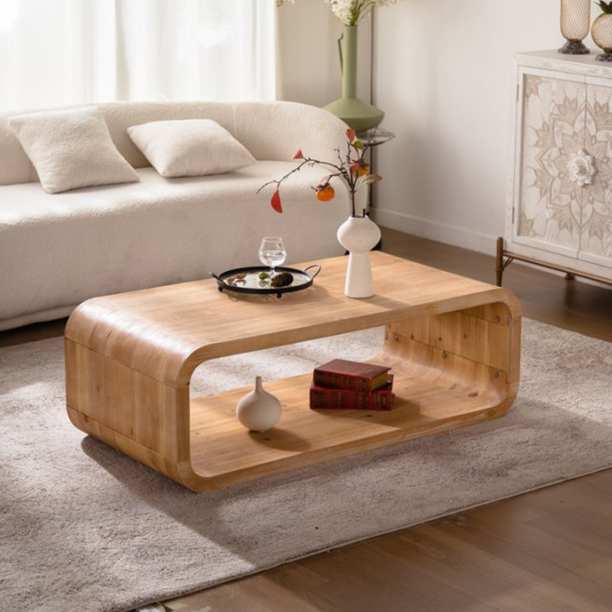 Modern Open-Frame Elegant Curved Light Wood Coffee Table With Open Storage For Contemporary Living Rooms