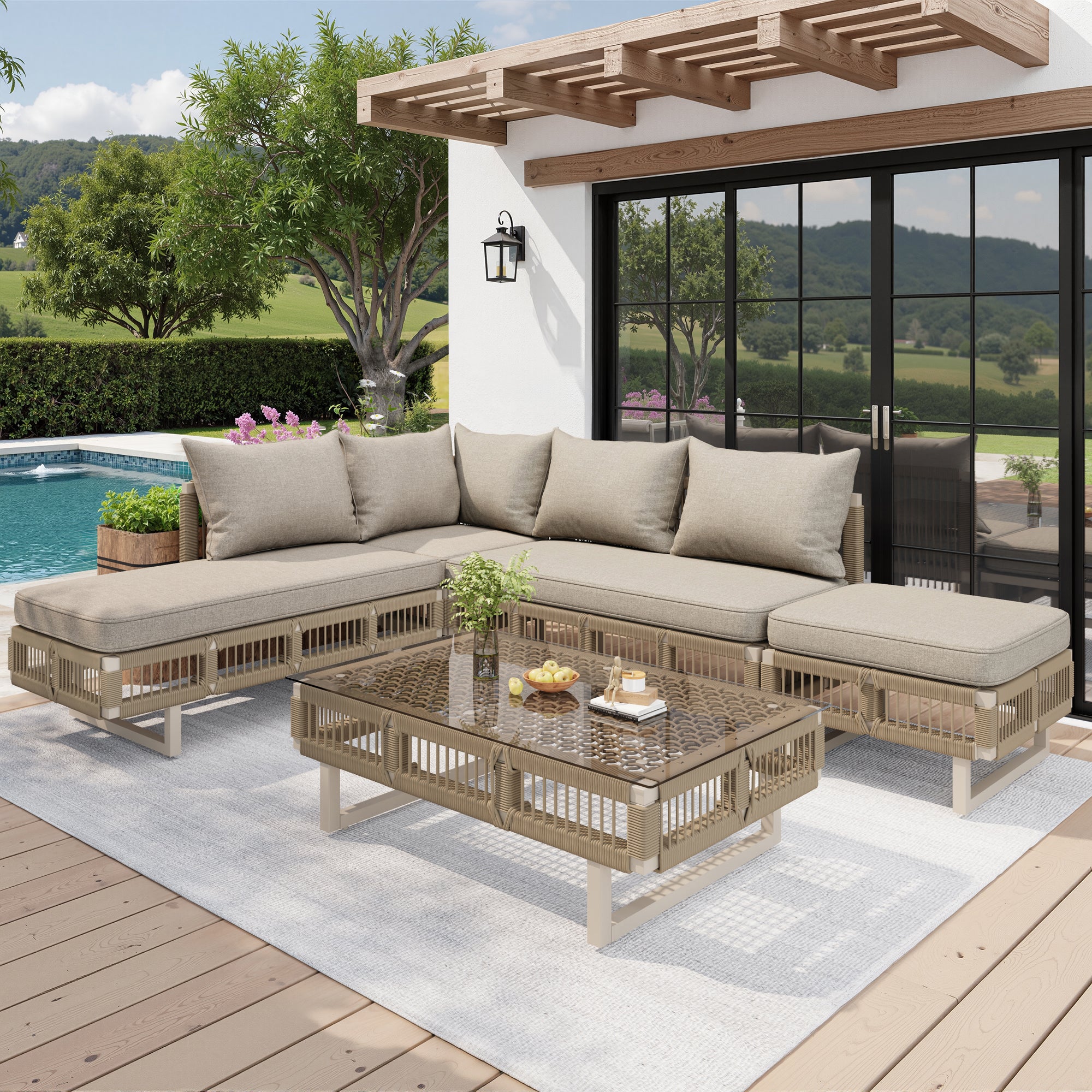 Modular Rope-Woven Outdoor Sofa Set With Tempered Glass Coffee Table, 10cm Thick Cushions, For Patio & Poolside