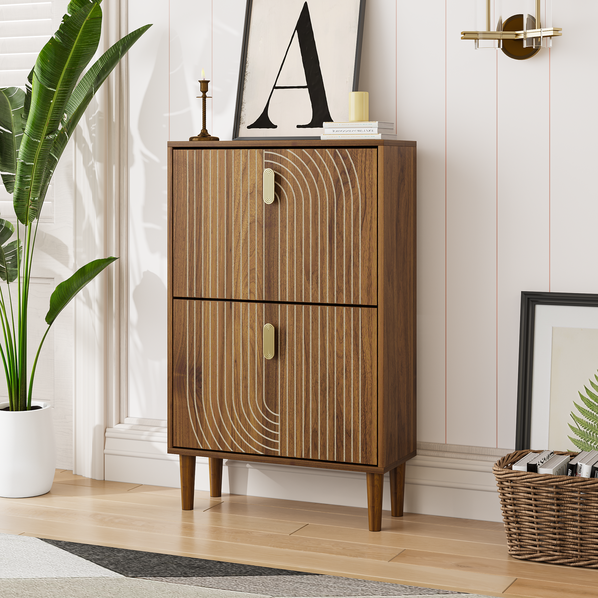 Shoe Storage Cabinet With 2 Flip Drawers,Free Standing Shoe  Cabinet With Metal Handles For Entryway,Shoe Rack Cabinet With Line Groove Design,23.6 W