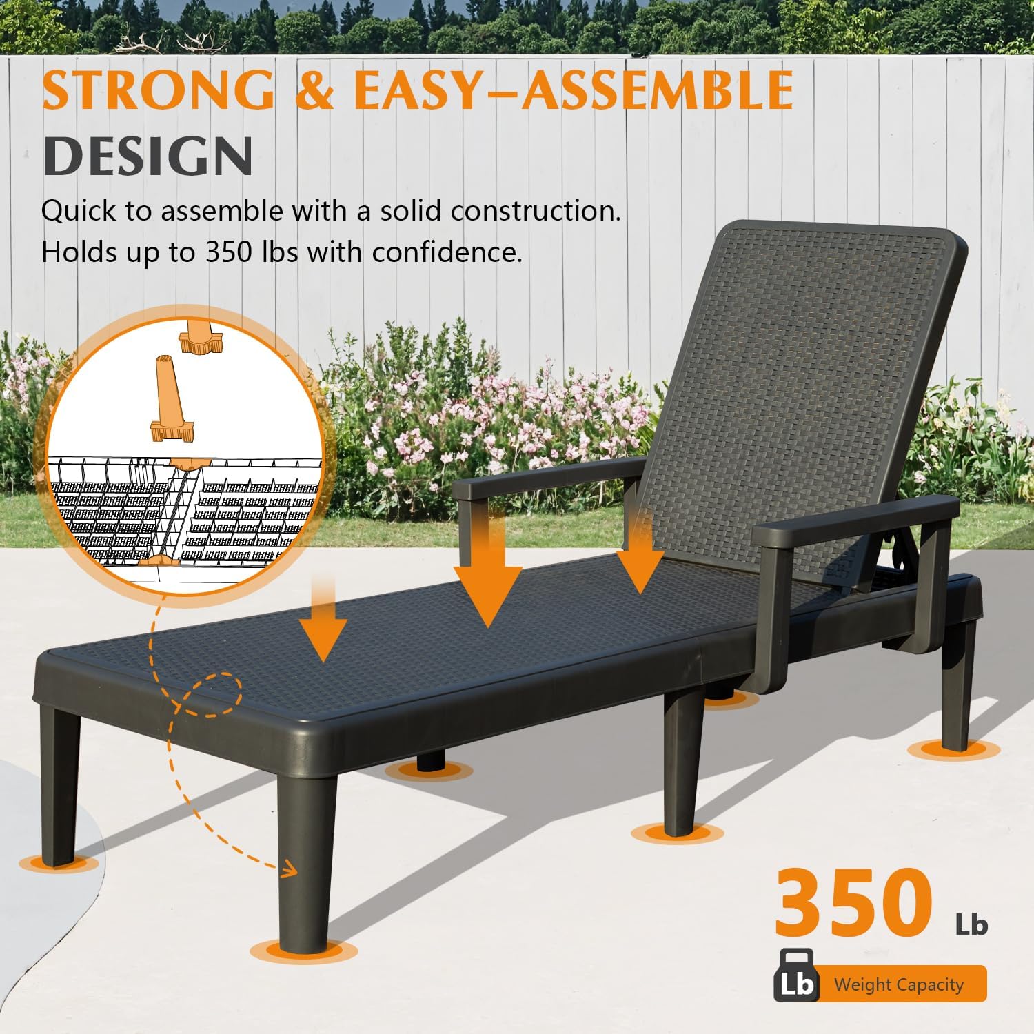 Pool Lounge Chairs Set Of 2, Outdoor Lounge Chairs With 6 Positions Backrest Adjustable, Resin Waterproof Chaise Lounge Outdoor For Poolside Patio Garden Deck
