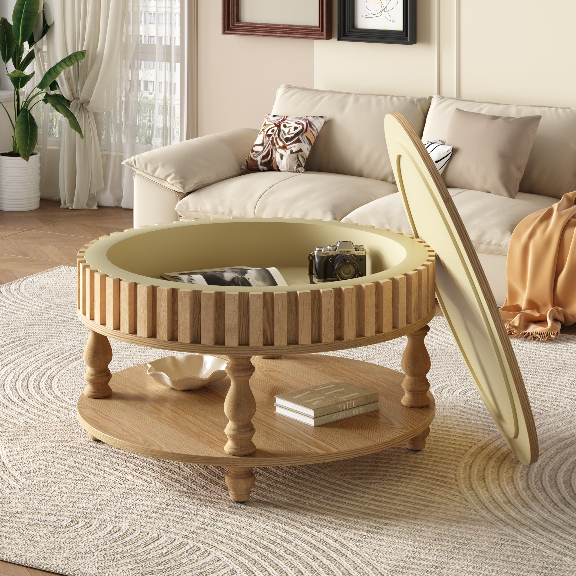 Mid Century Modern Fluted Coffee Table With Storage, Natural Wood Finish Center Table With Flip-Top Lid And Solid Wood Legs For Living Room