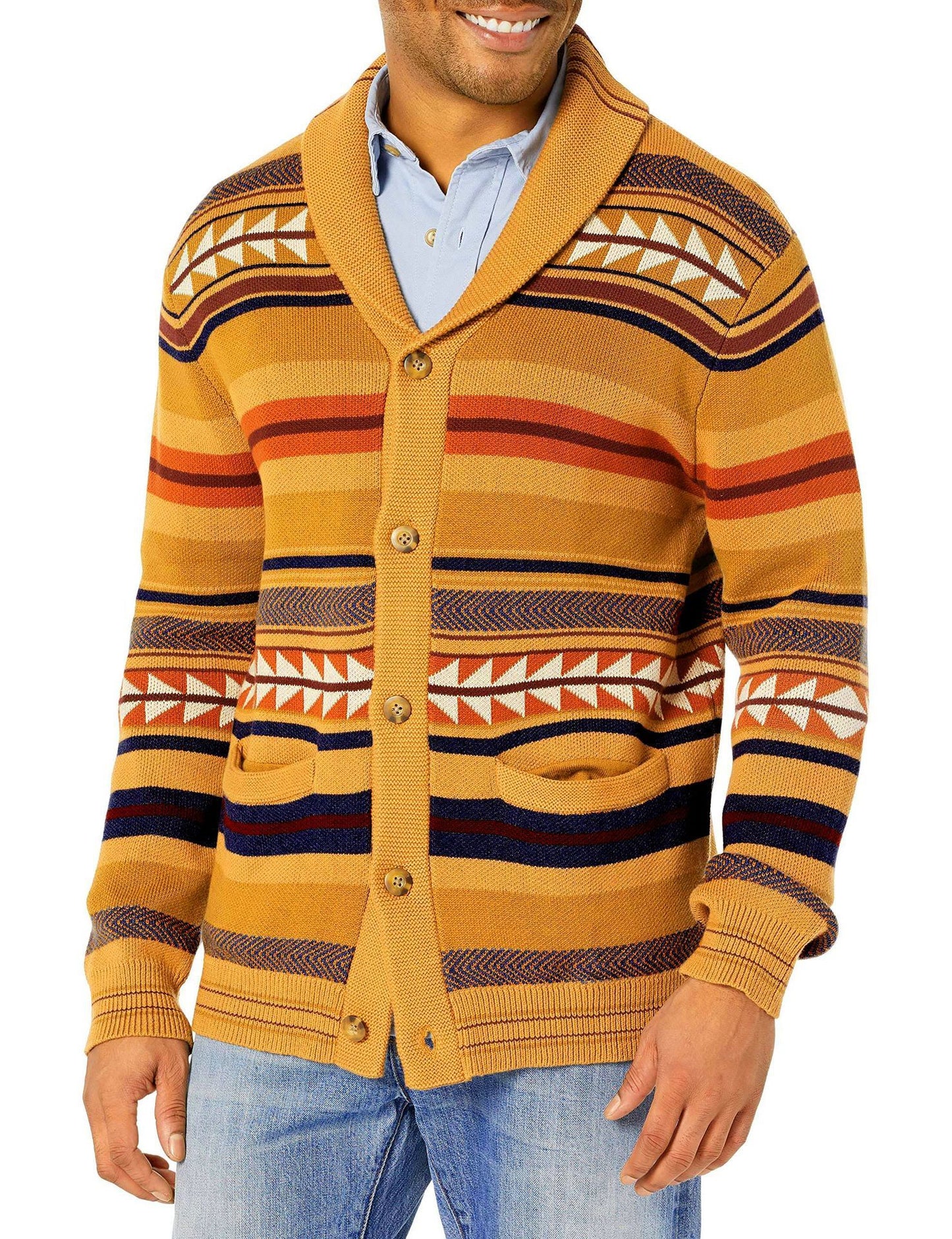 Contrasting Color Jacquard Knitted Cardigan Coat For Men