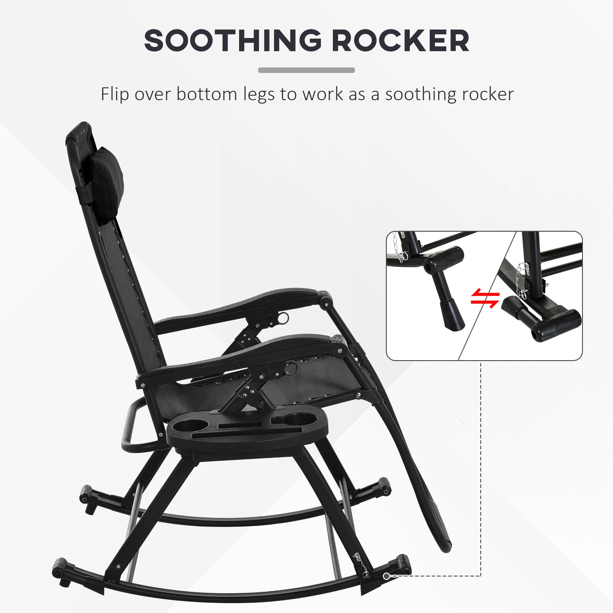 2 Outdoor Rocking Chairs Foldable Reclining Zero Gravity Lounge Rockers w/ Pillow Cup & Phone Holder, Black