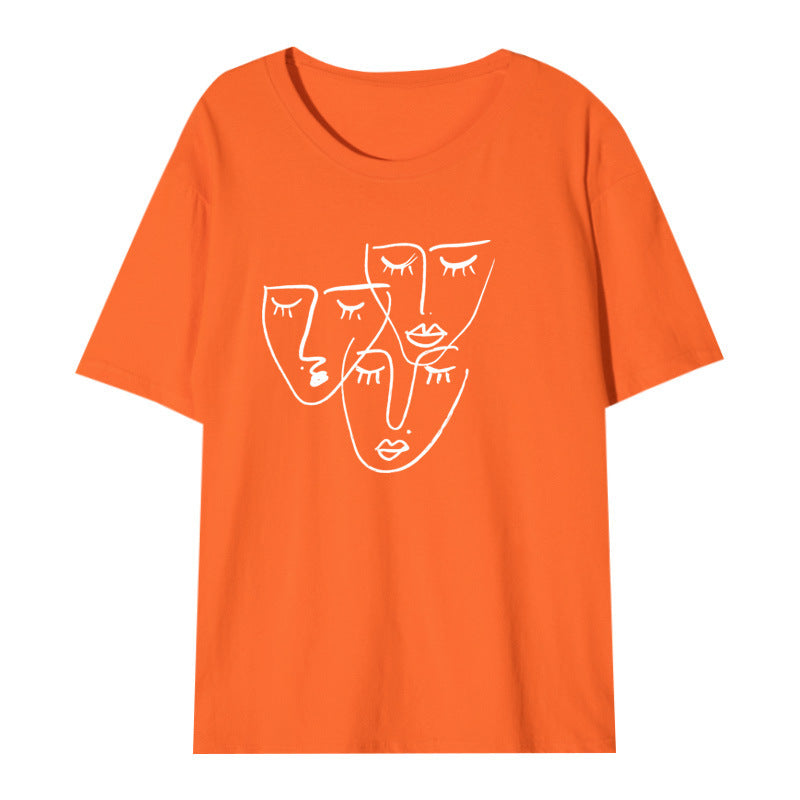 Women's Loose Printed T-shirt With Characteristic Line Face Mask