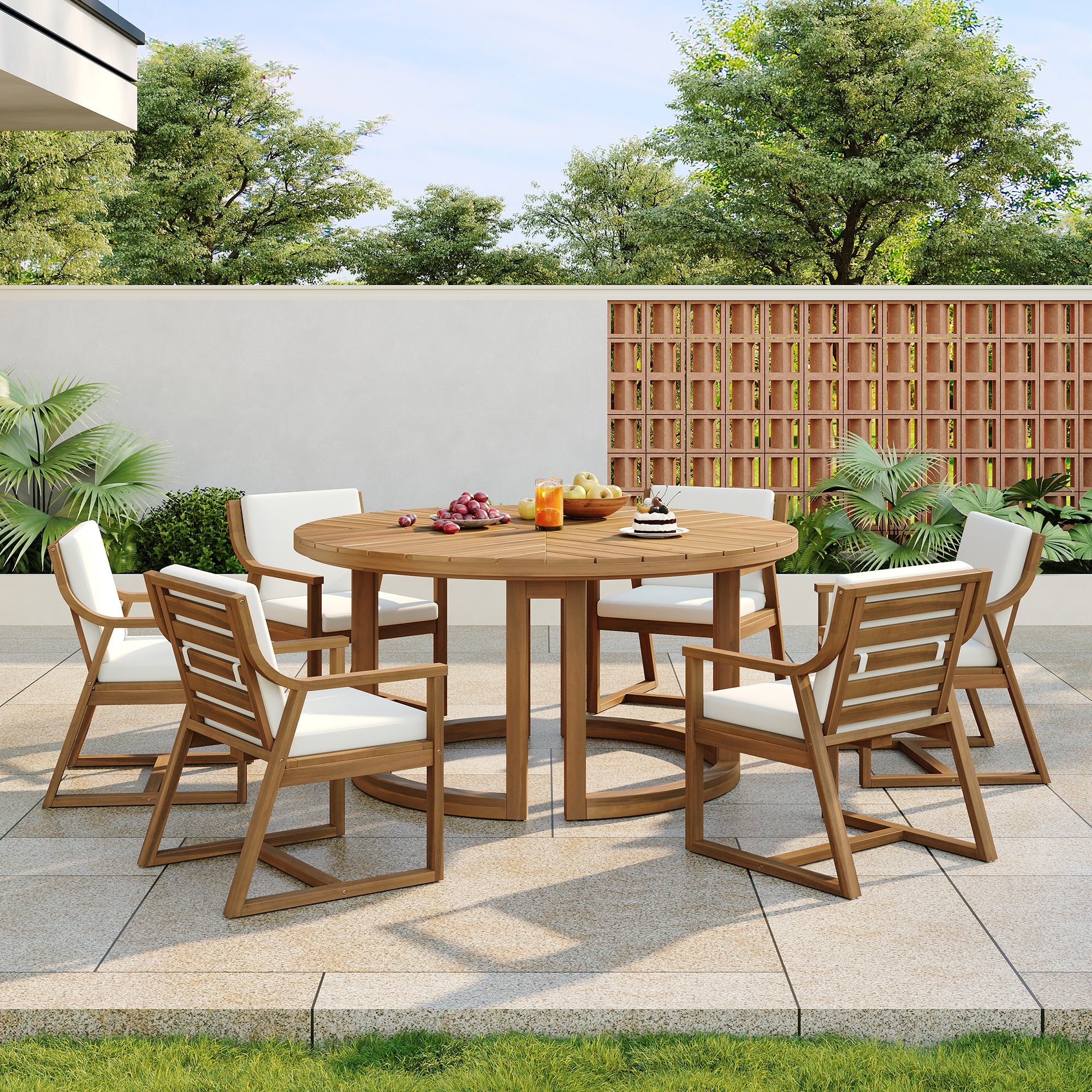 TREXM Patio Dining Table Set For 6  Round Dining Table With 1.96 Umbrella Hole  Outdoor Wooden Patio Furniture Set With Removable Cushions For Garden  Backyard And Pools  Light Teak Beige Cushion
