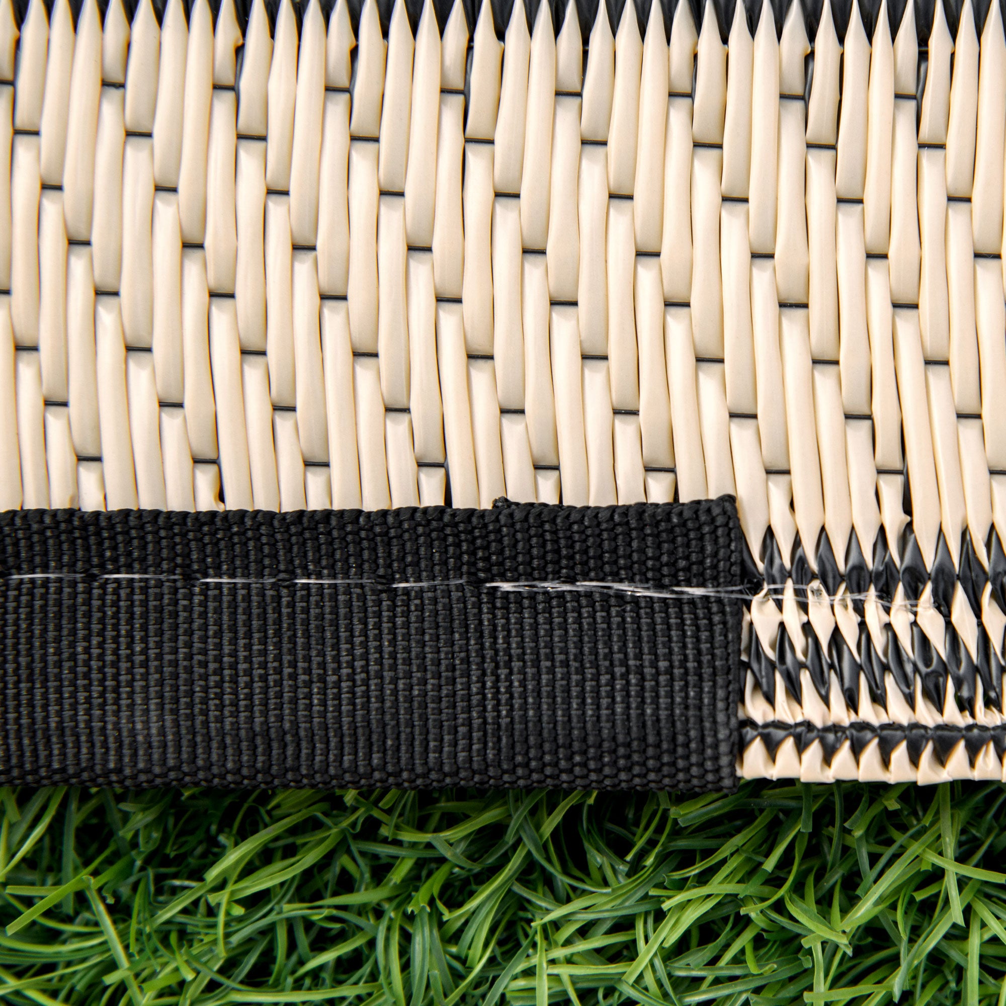 Reversible Outdoor Rug, 9' x 18' Waterproof Plastic Straw Floor Mat, Portable RV Camping Carpet, Large Floor Mat for Deck, Backyard, Picnic, Beach, Black & Beige