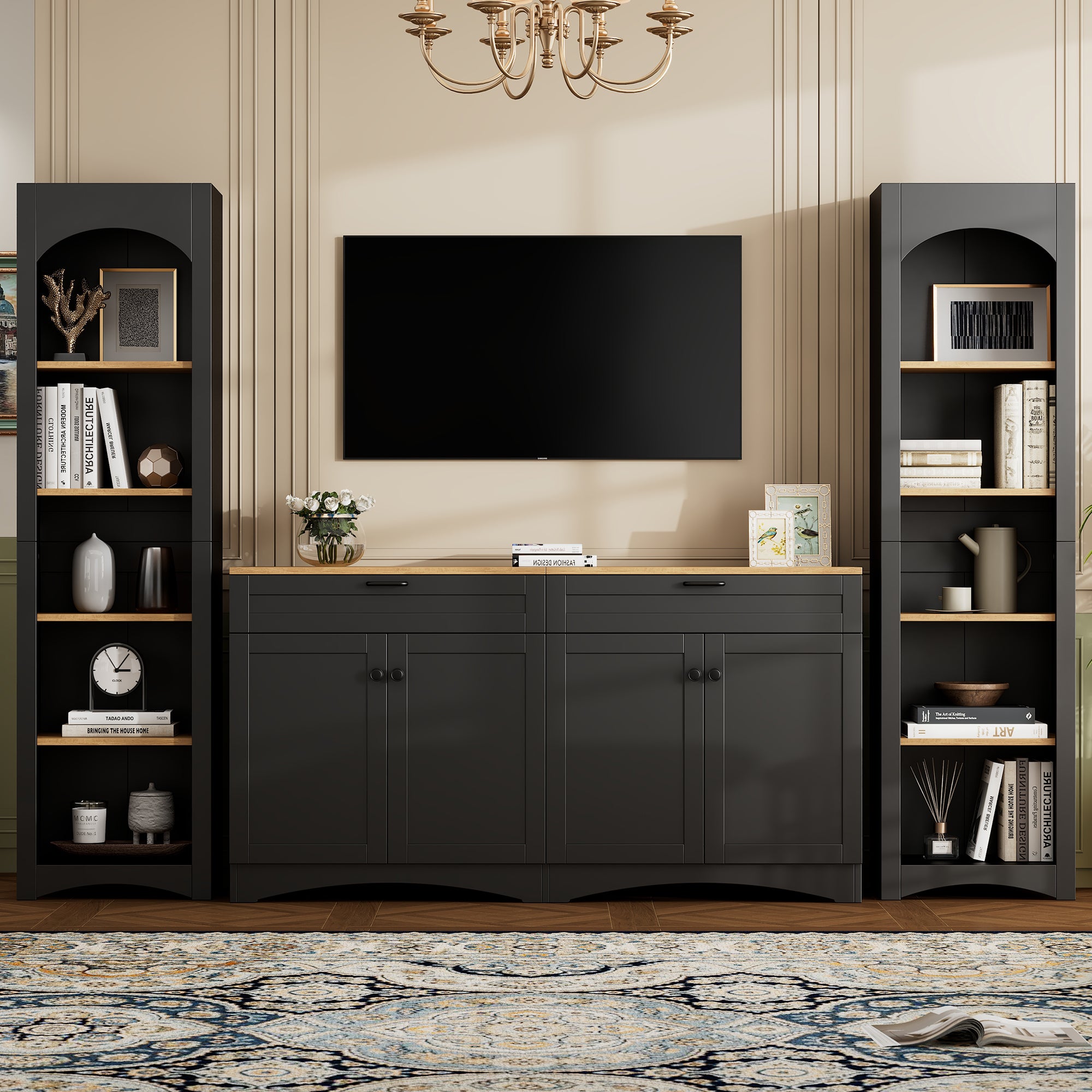 ON-TREND 3-Piece Farmhouse Entertainment Center With Storage Cabinet For TVs Up To 70, Mid-Century TV Stand With Bookshelf, Rustic Versatile Sideboard With Adjustable Shelves For Living Room, Black