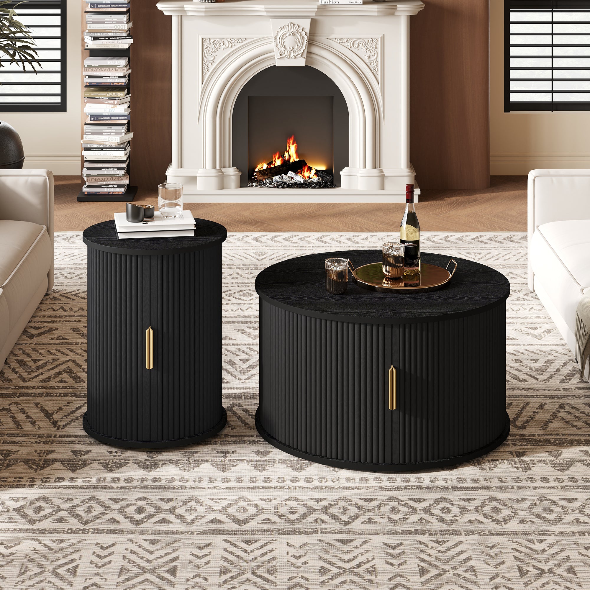 Mid-Century Coffee Table Set With Sliding Tambour Door, Round Fluted End Table With Storage, Golden Handle Tall & Low Side Table With Wooden Finish For Living Room, Set Of Two, Black
