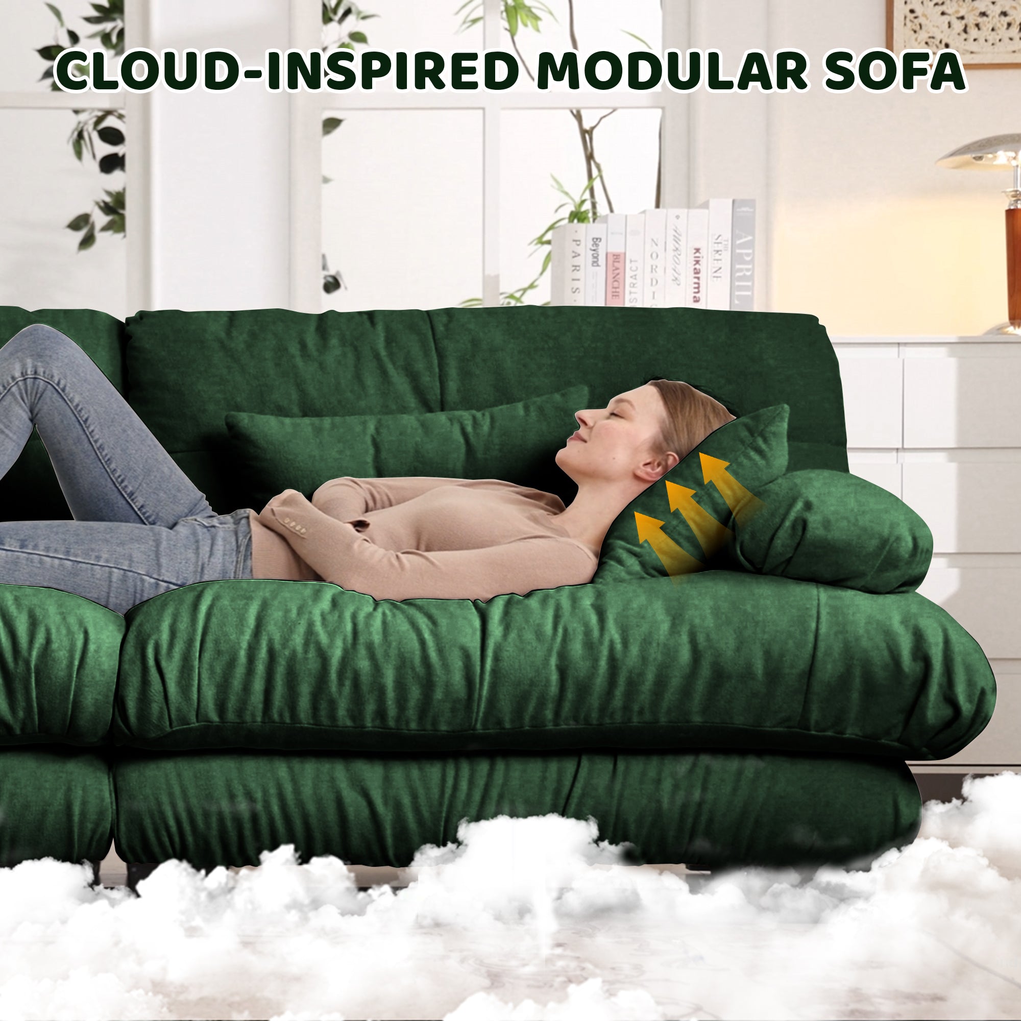 Free Combination Modular Sectional Sofa,U Shaped Couch For Living Room, 4-Seater Comfy Cloud Couch With 2 Ottomans, Chenille Green