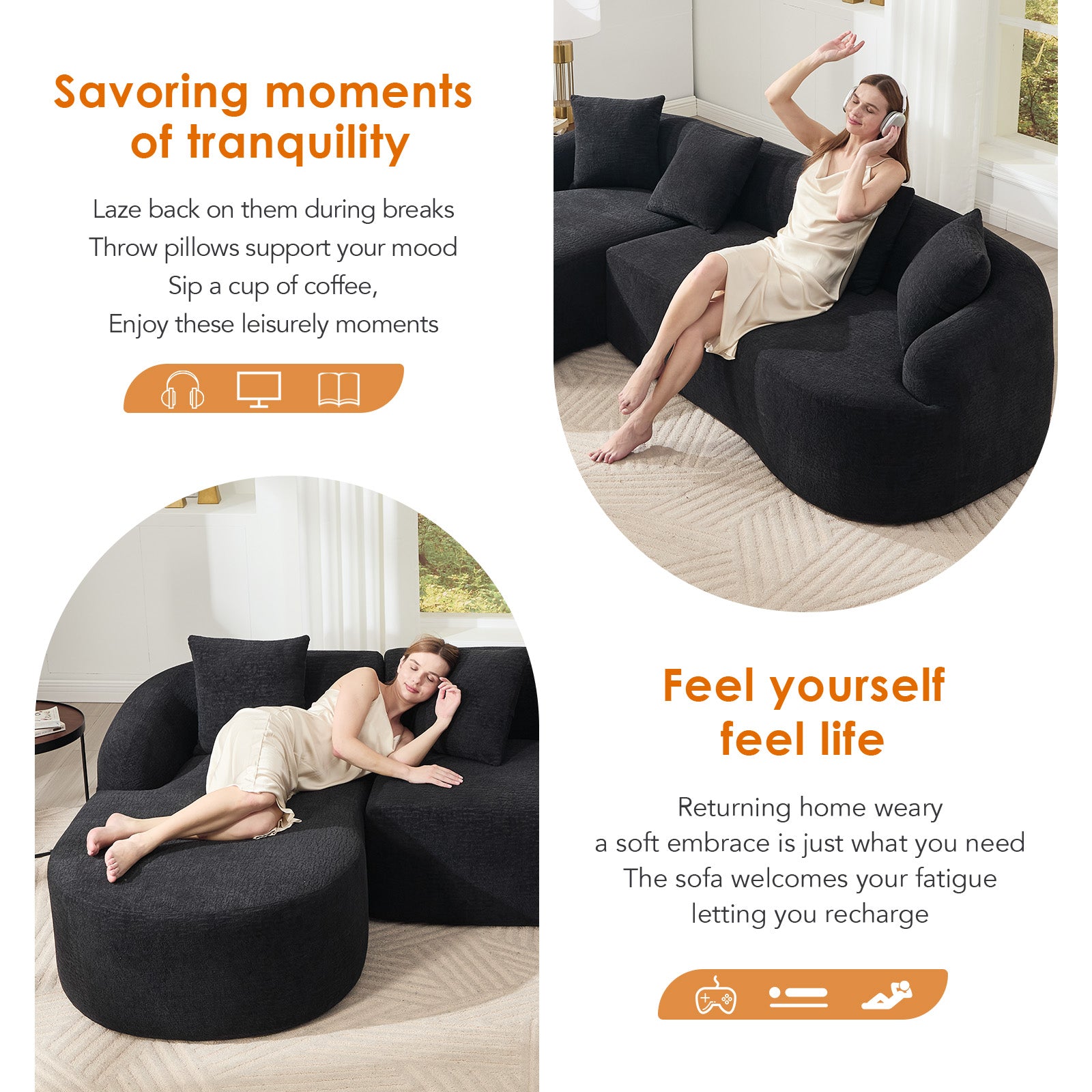 Compression L-Shape Sectional Sofa With Curved Chaise Black Modular Chenille Boneless N Couch 30D High-Density Foam Minimalist Modular Couches Sleeper For Living Room Bedroom Apartment Lounge.