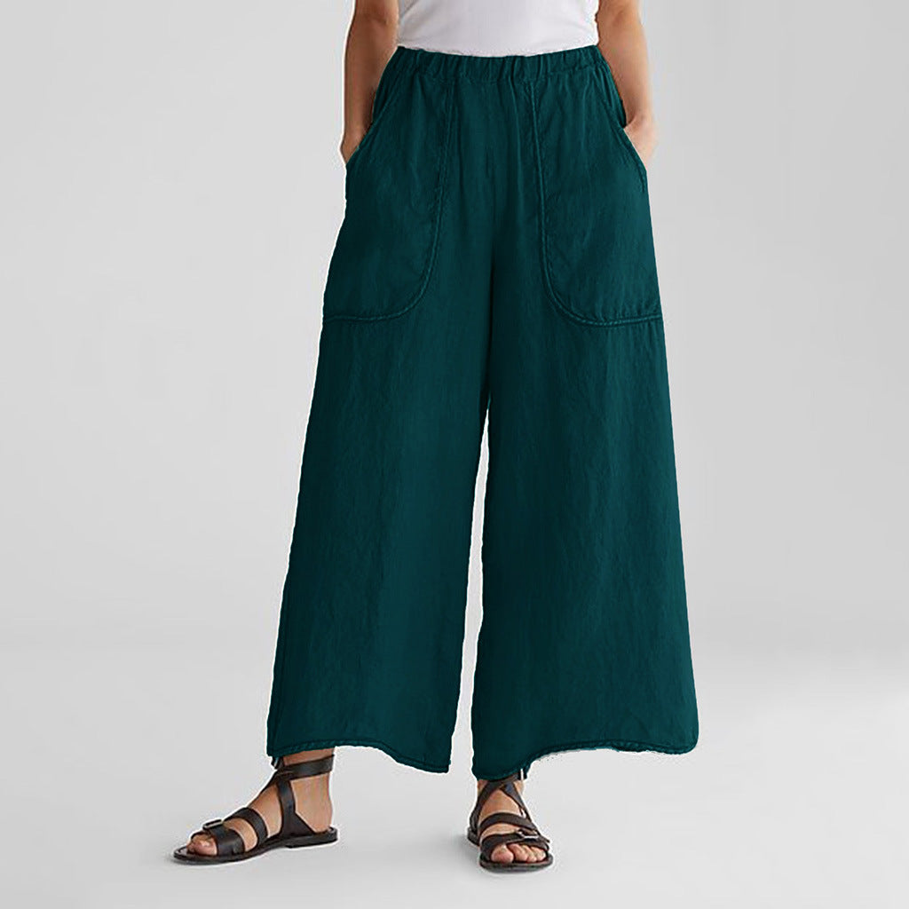 Women's Cotton Linen Trousers Wide Leg Pants Mid-Waist Casual Pants