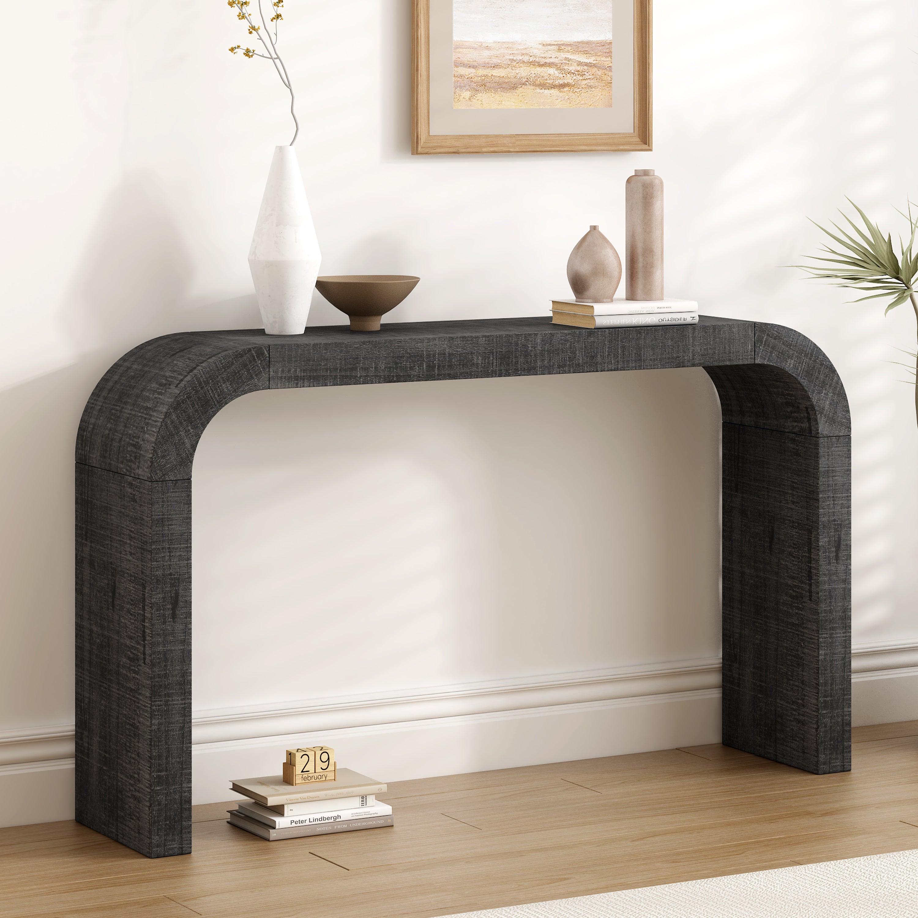 52  Wood Console Table With Curved Edge, Natural Texture, Perfect For Entryways And Living Rooms