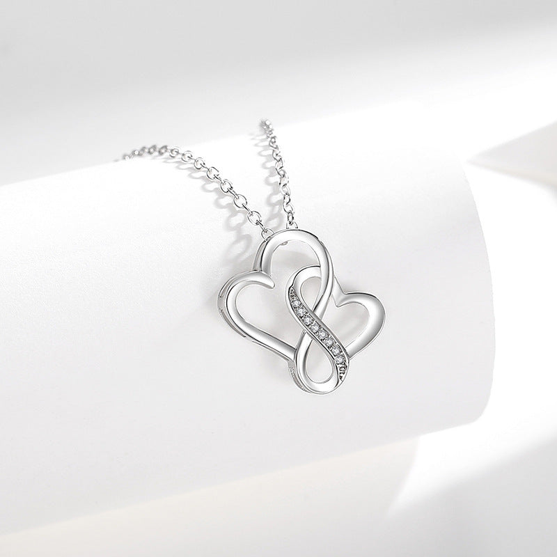 S925 Sterling Silver Lettering Double Heart Necklace