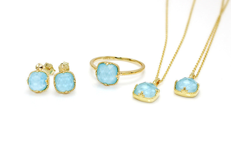 Square Turquoise Quartz Cut S925 Silver Gold-plated Necklace Earring Ring Set