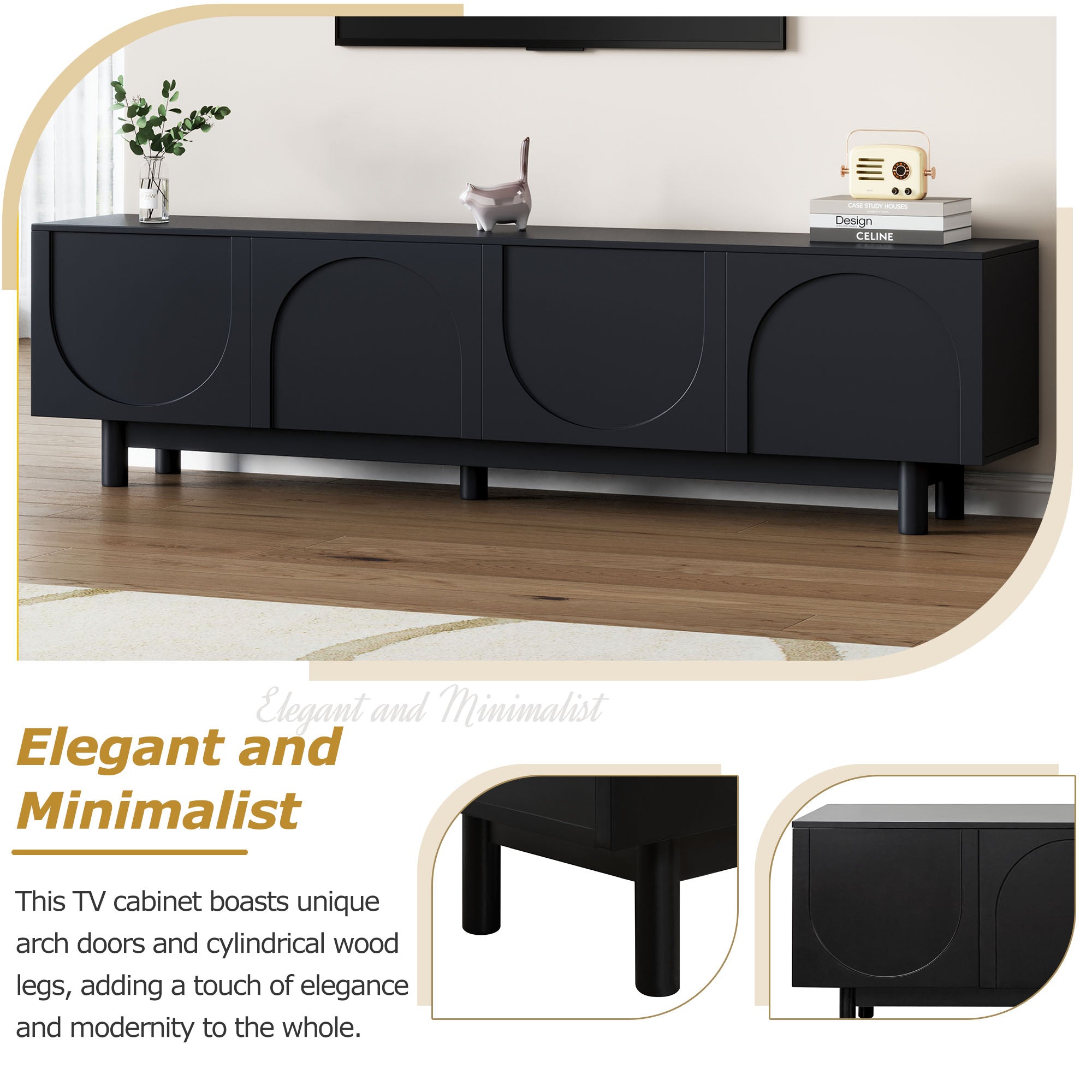 ON-TREND Graceful TV Stand With Arch Cabinets For TVs Up To 78'', Minimalist Entertainment Center With Solid Wood Legs, Practical Media Console With Adjustable Shelves For Living Room, Black