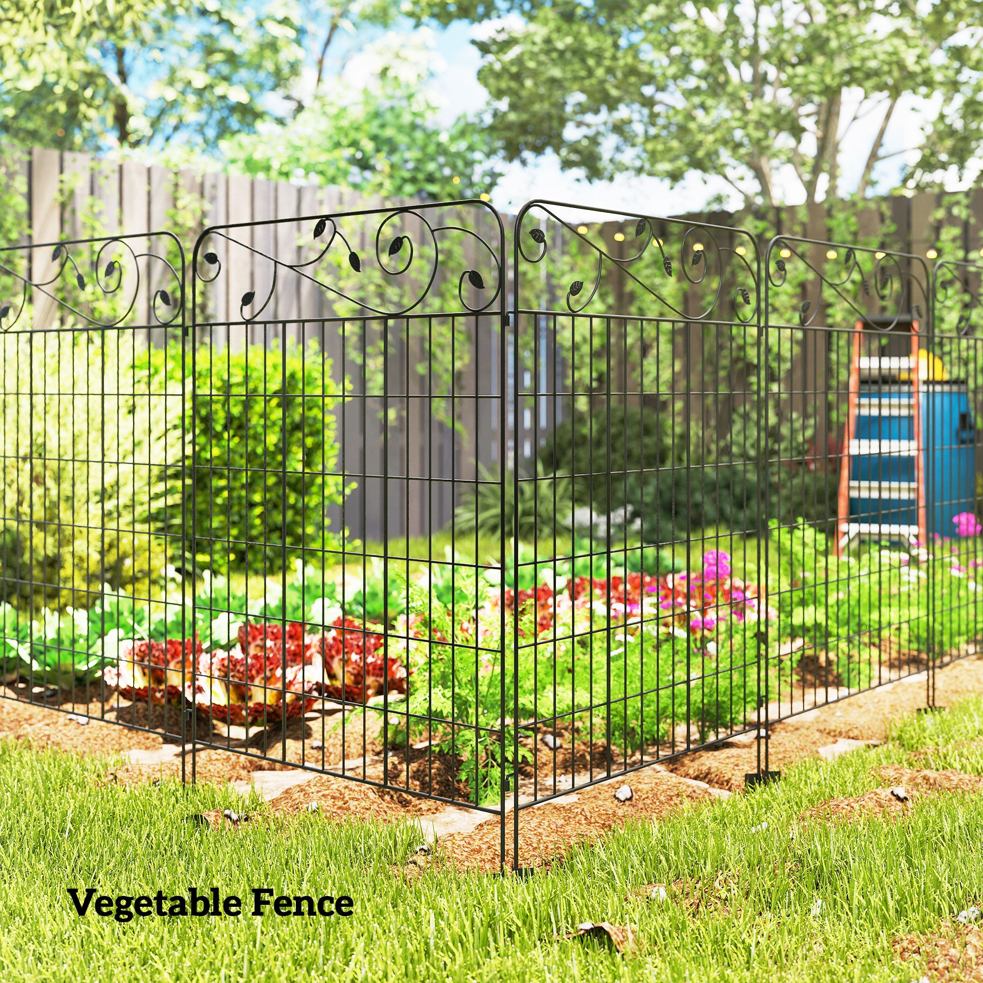 Garden Fence, 4 Pack Steel Fence Panels, 11.5' L x 43" H, Rust-Resistant Decorative Border Flower Edging for Yard, Landscape, Patio, Outdoor Decor, Square Vines