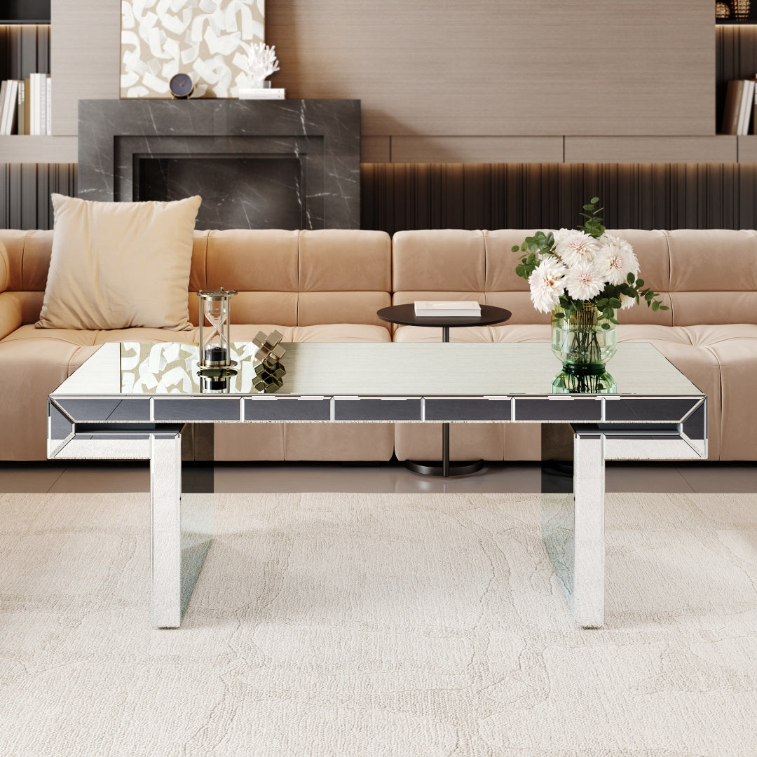 47 Inches Luxury Rectangular Mirror Coffee Table With Fluted Tempered Glass, Modern Sofa Side Table, Easy 2-Step Assembly, Light Luxury Style, Reinforced Packaging