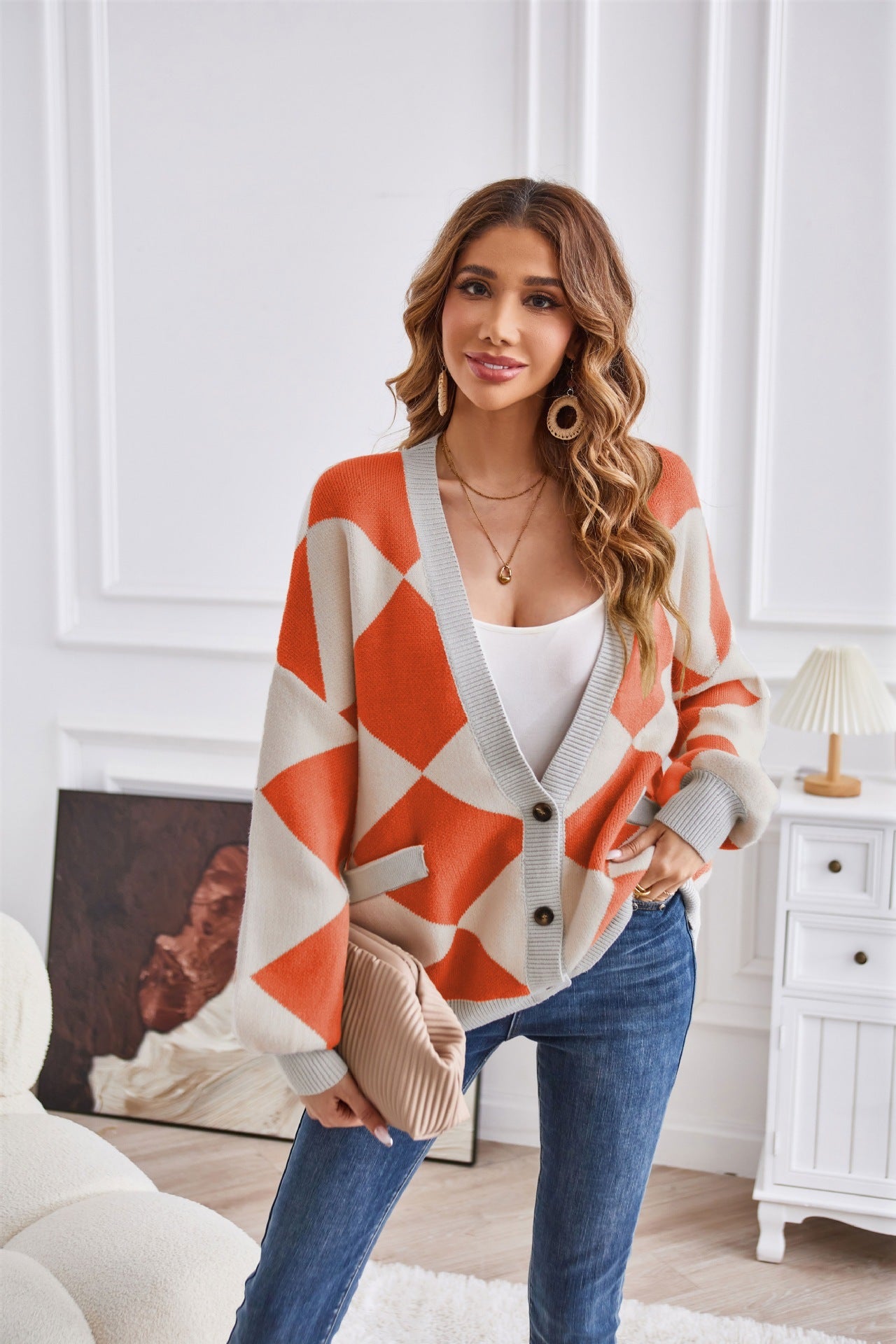 V-neck Rhombus Plaid Patchwork Knitting Cardigan Coat For Women