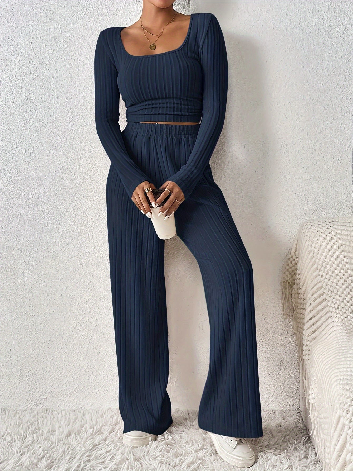 Solid Color Ribbed Casual Pantsuits, Long Sleeve Scoop Neck Crop T-shirt & High Waist Wide Leg Pants Outfits, Women's Clothing