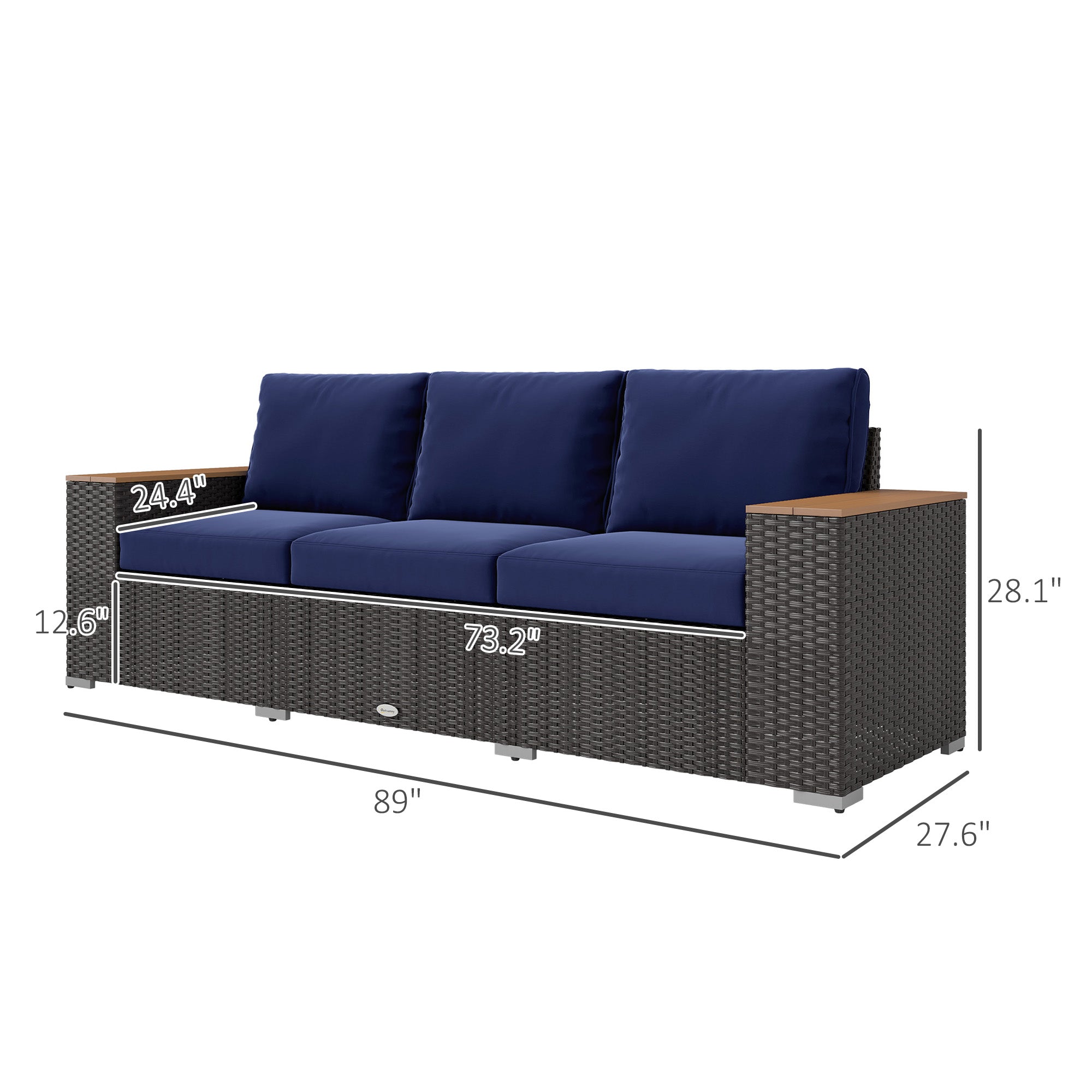 3-Seat Outdoor Patio Sofa, PE Wicker Outdoor Couch with  Extra Wide Deep Seat, Wide Armrests 4" Cushions, Navy Blue