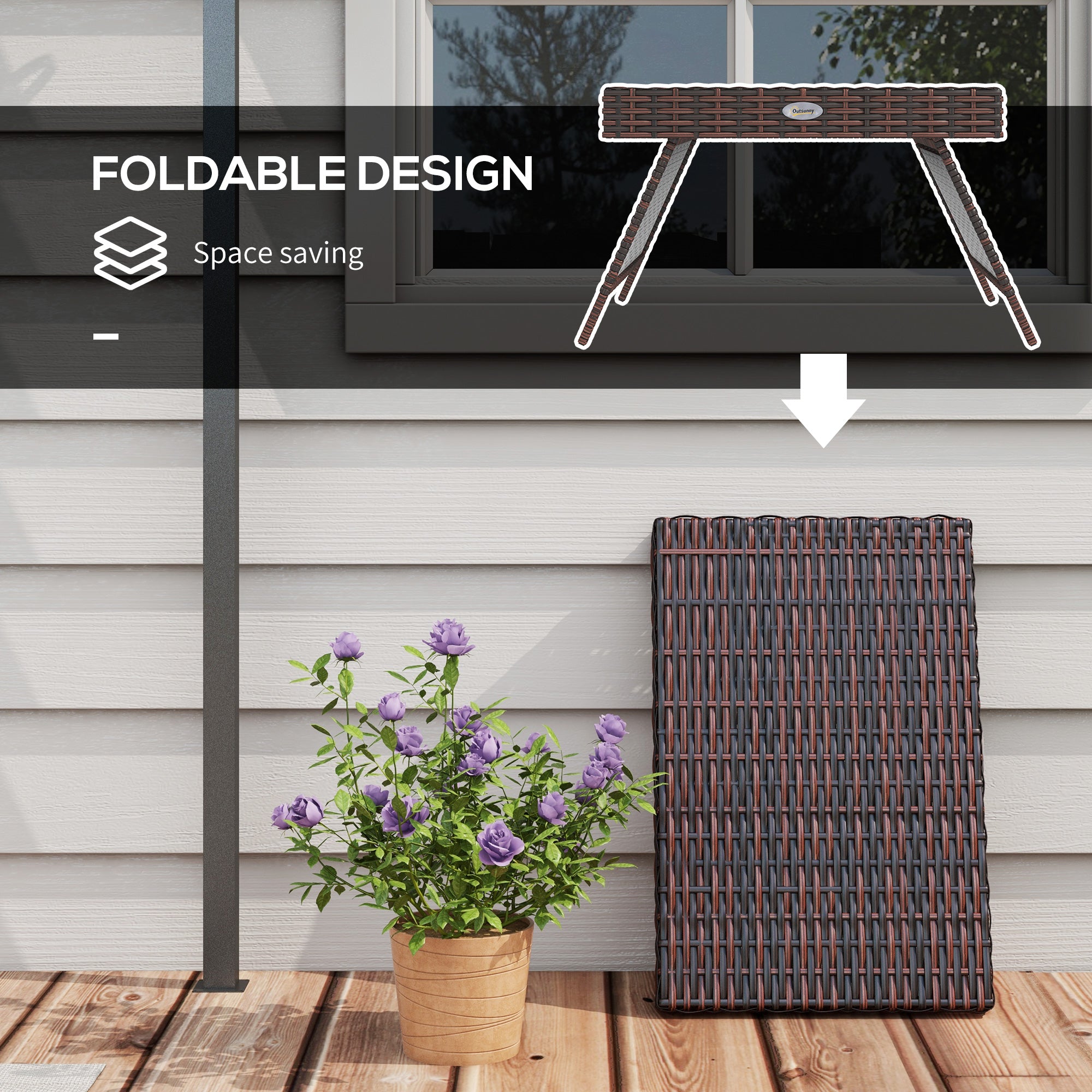 Folding Rattan Side Table, Outdoor End Table, Hand Woven PE Rattan Coffee Table for Balcony, Backyard, Garden, Lawn, Courtyard, Brown