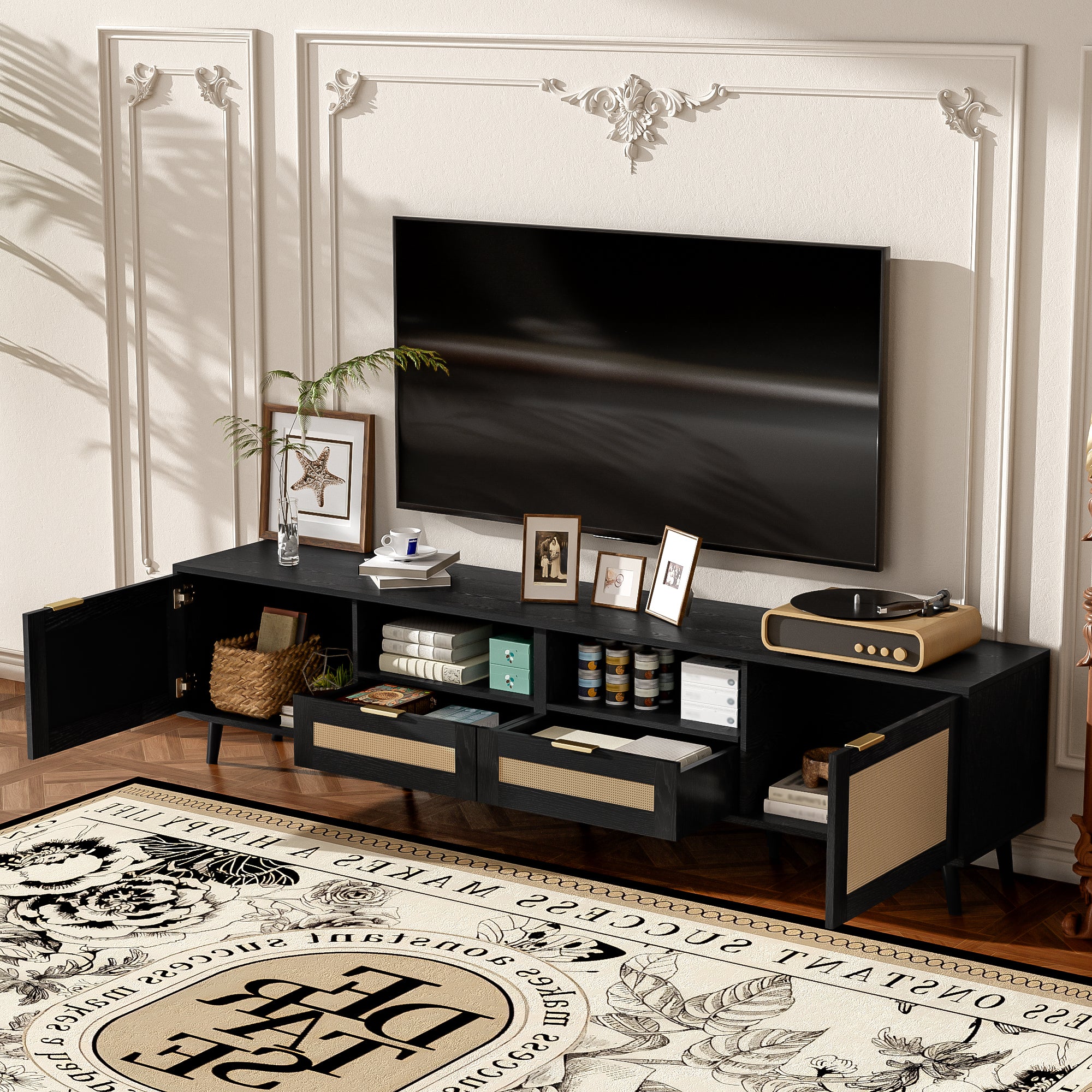 Rattan TV Stand For TVs Up To 85'', Modern Farmhouse Media Console, Entertainment Center With Solid Wood Legs, TV Cabinet For Living Room,Home Theatre