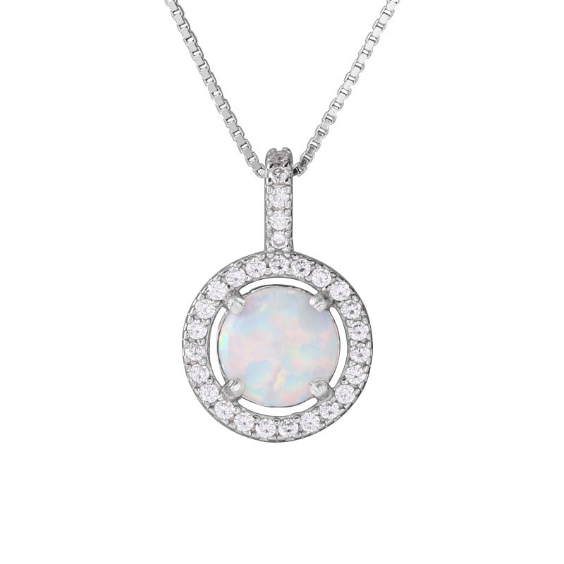 925 Sterling Silver Light Luxury Full Diamond Round Opal Stone Necklace For Women