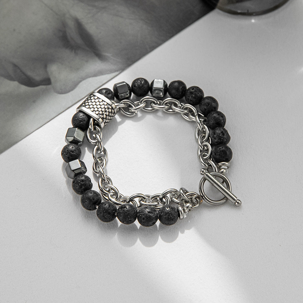 Natural Stone Frosted Bead Chain Beaded Titanium Steel Bracelet