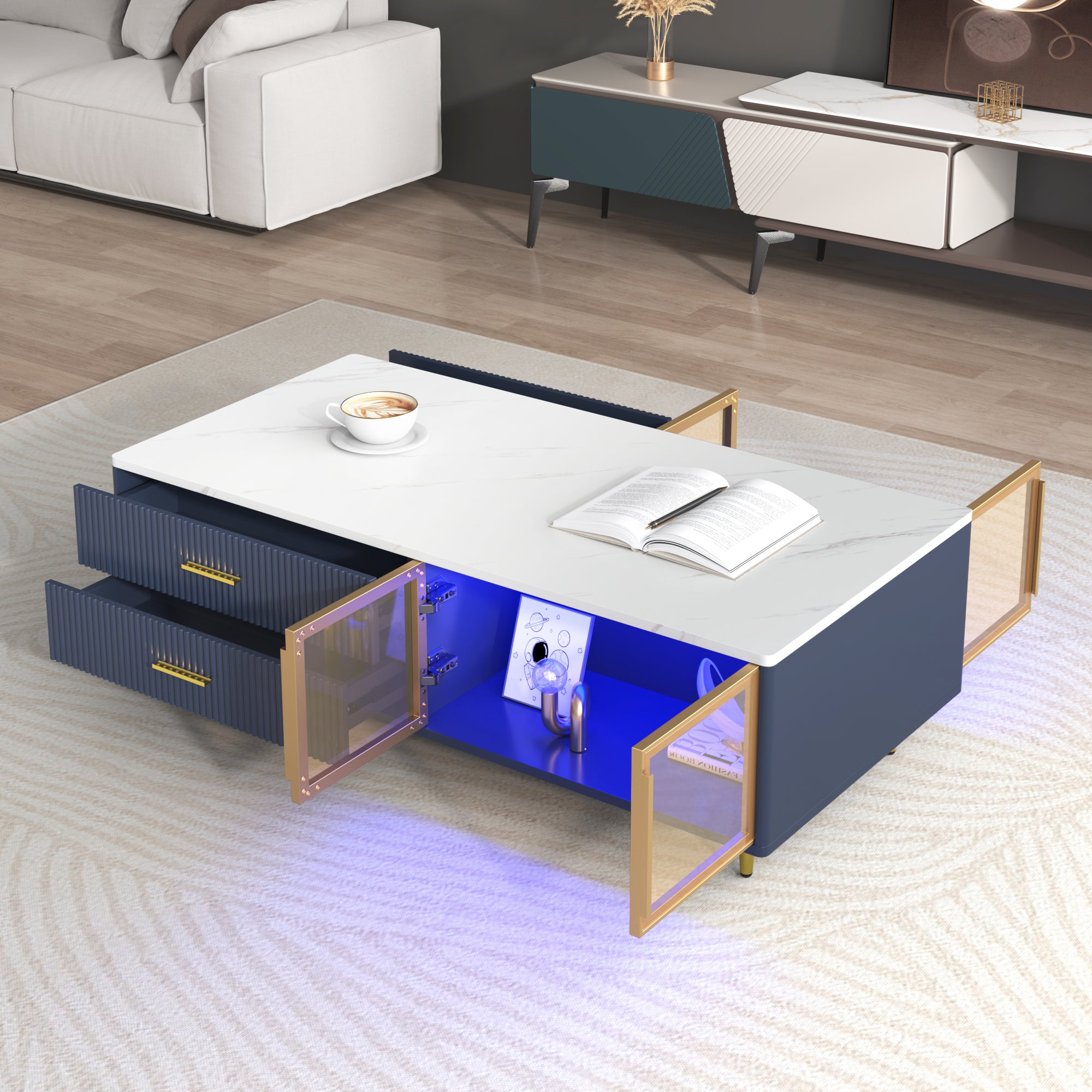 Modern Navy Blue Coffee Table With 2 Glass Door Storage, 4 Drawers, Gold Metal Legs, And Multi-Color Lighting In 47.2